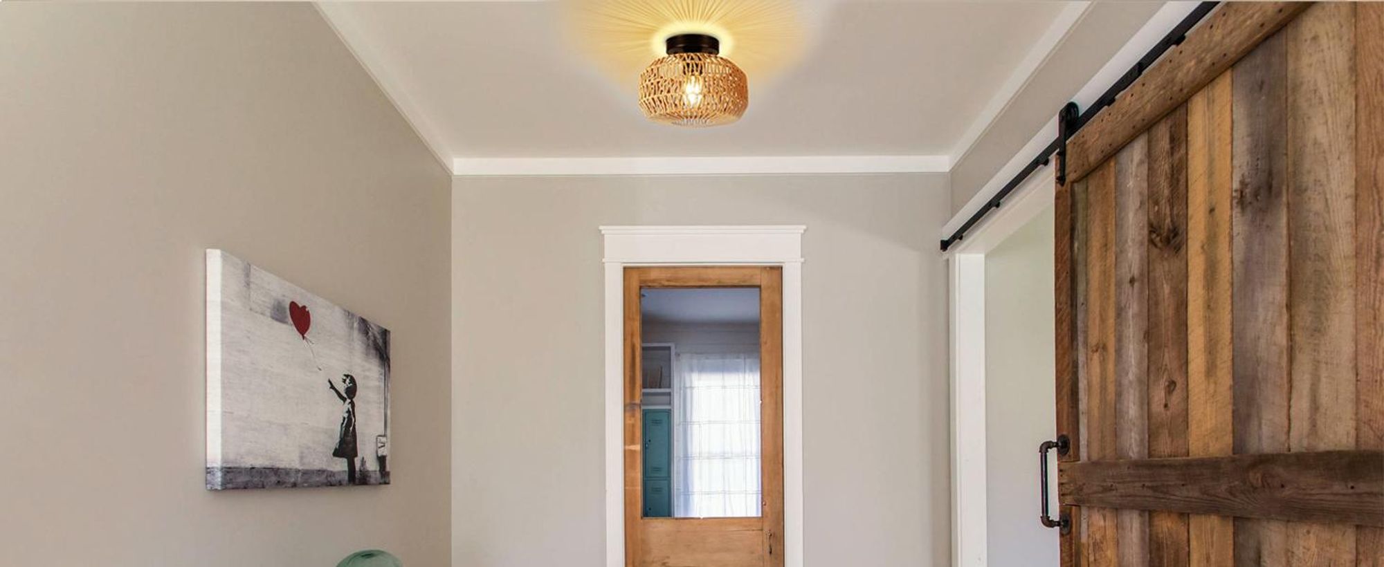 Deckenlampe Boho Vintage Deckenleuchte E27 Pendelleuchte mit Rattan Lampenschirm Hängelampe für Wohnzimmer, Schlafzimmer, Küche, Flur