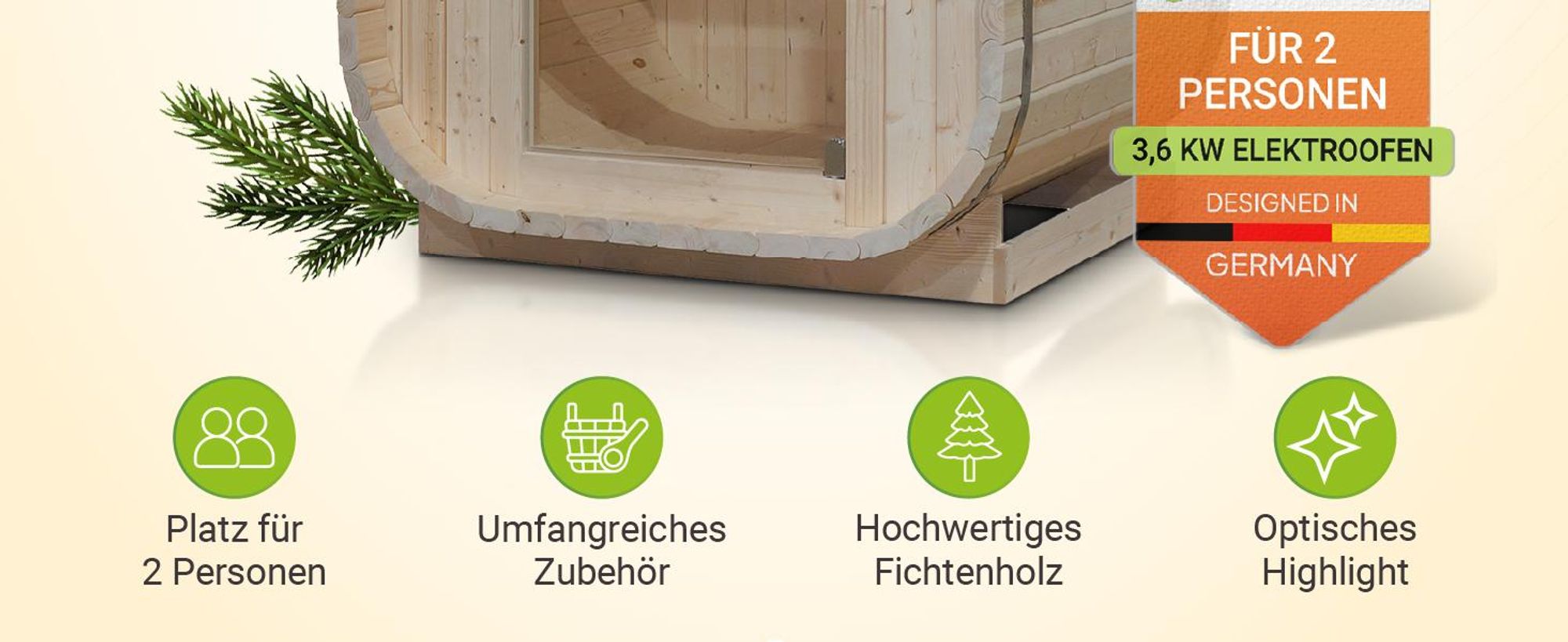 Artsauna Fasssauna Nolvik S, mit 3,6 kW Ofen & Zubehör für Garten, Cube Design