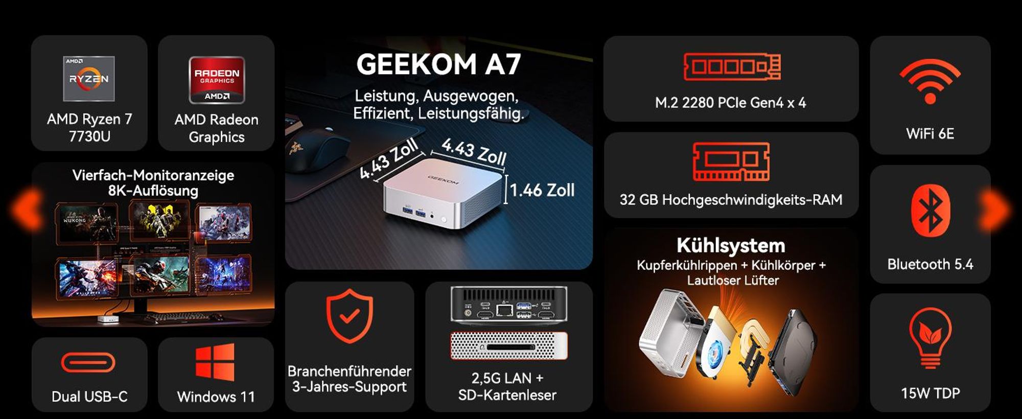 GEEKOM A7 Mini PC, AMD Ryzen 7 7730U, 32GB RAM, 500GB SSD, bis 64GB+4TB, vorinstalliertes System, Dual 2,5G LAN, Wi-Fi 6E, BT 5.4, 4 Modi, SD-Slot, 8K