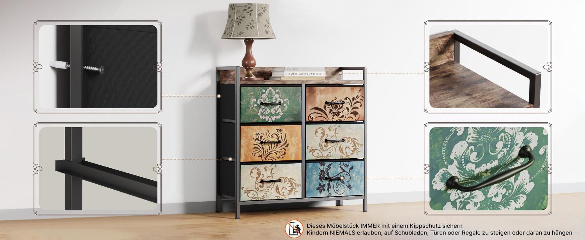 Mondeer Kommode Schubladenschrank mit 6 Blumenstoff Schubladen,mit Metallrahmen und Schubladen aus Vliesstoff, Retro-Stil 80x30x84cm