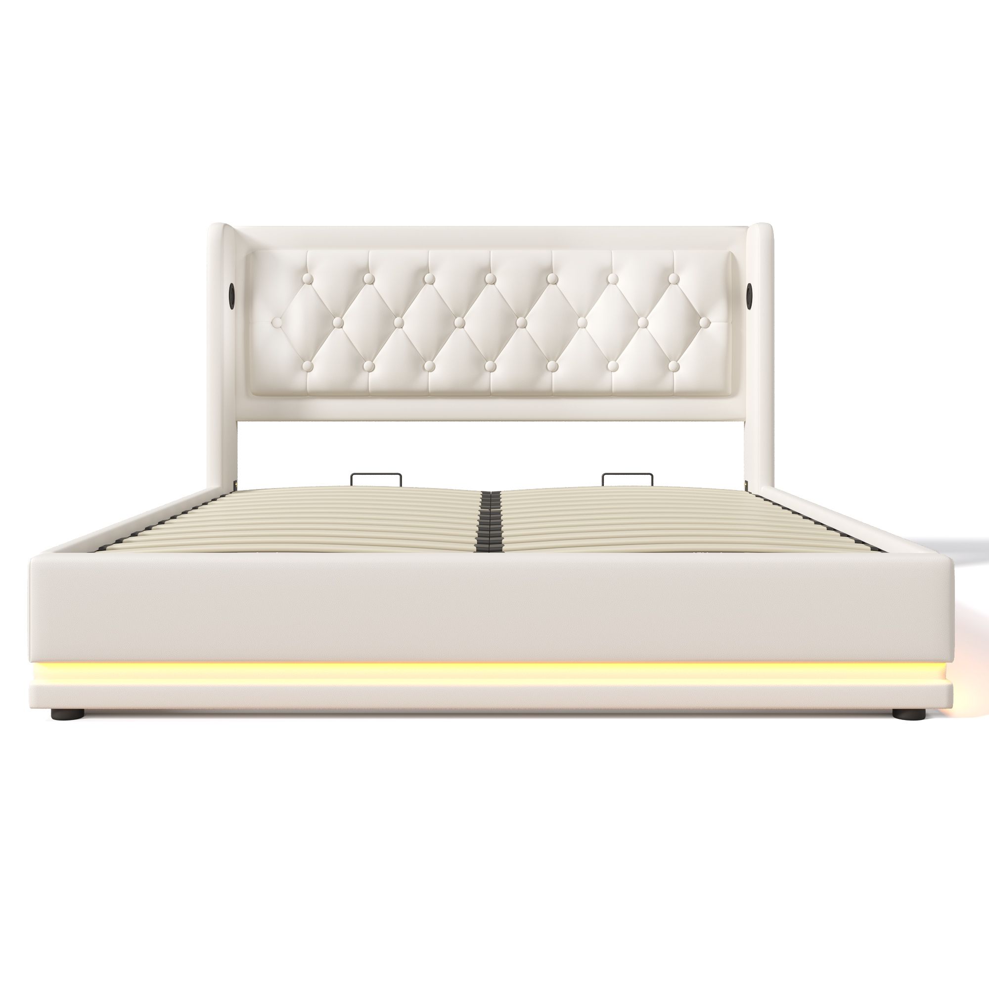 Flieks Polsterbett 160x200cm mit USB & Typ-C, Doppelbett Jugendbett mit LED, Hydraulisches Stauraumbett Boxspringbett mit Lattenrost, Kunstleder, Weiß