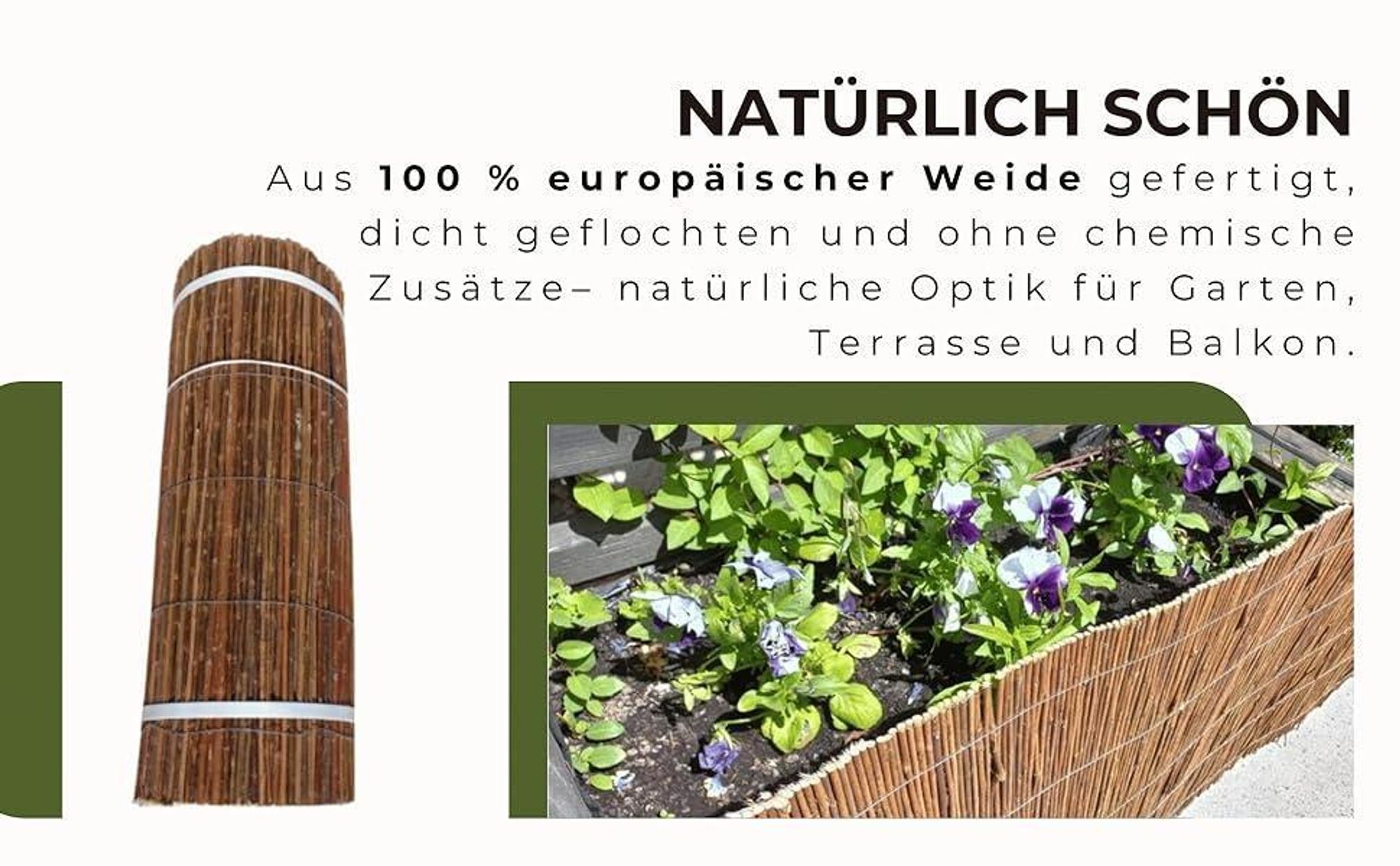 Set Weidenmatte 60x300 cm und 7 Stück Holzpfähle ⌀18 mm Länge 78 cm und 30 Stück Kabelbinder Weidezaun Zaunpfosten Holzpfosten Sichtschutz Garten