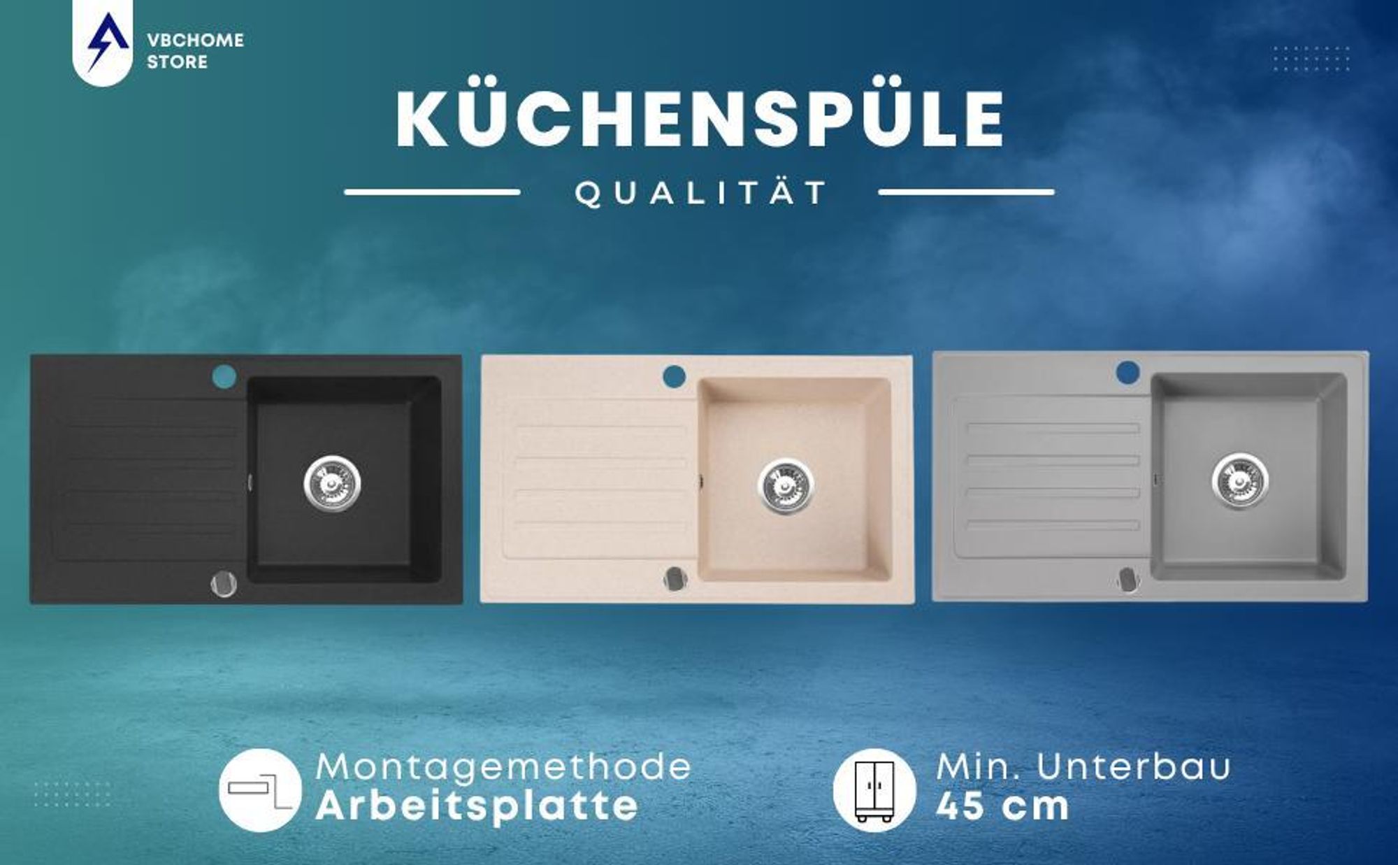 VBChome Granitspüle 76 x 44 cm Beige mit Armatur Einzelbecken Einbauspüle Reversibel Gesprenkelt Pflegeleichtes Spülbecken mit Siphon Ideal für kleine