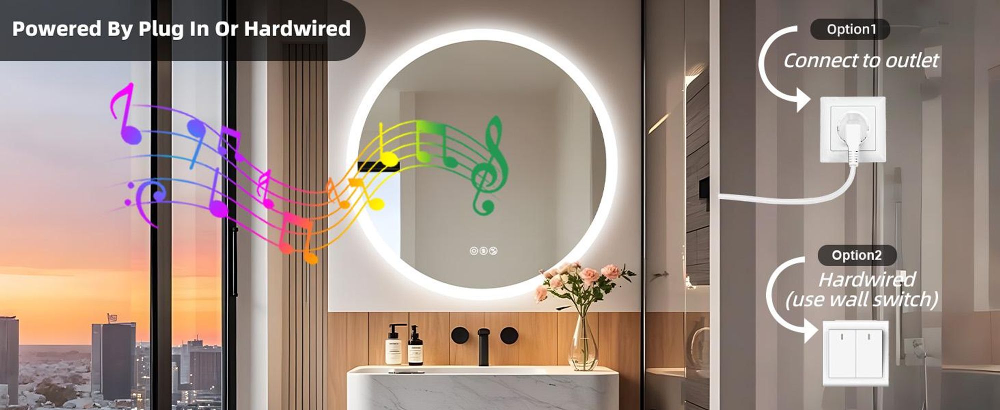 WISFOR LED Badspiegel mit Bluetooth Lautsprecher, 80×80cm Badezimmerspiegel mit Beleuchtung 3 Lichtfarbe, LED Wandspiegel dimmbar beschlagfrei, Touchs