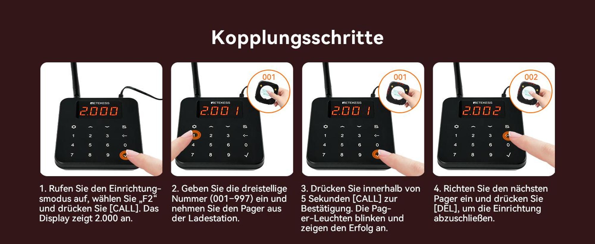 Retekess TD186 Restaurant Pager System, 20 Pager, 600 m, Kippdesign, 64 Rufkombinationen, automatische Weckfunktion, für Restaurant Bars Café