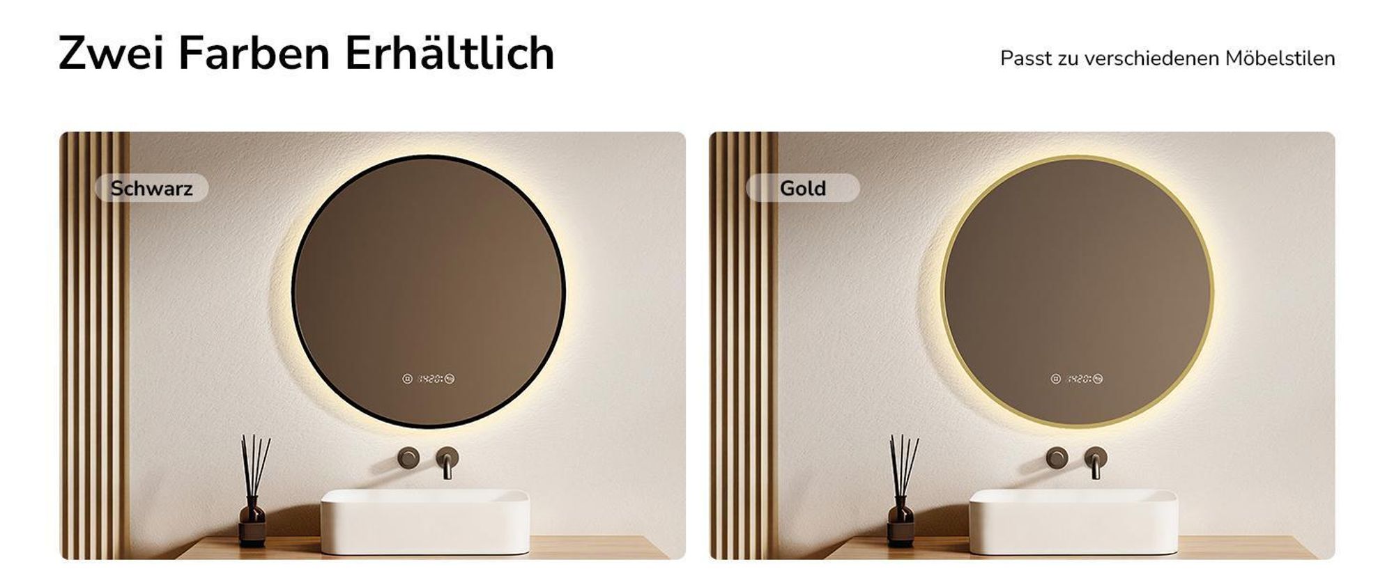 EMKE Badspiegel Rund LED Spiegel mit Beleuchtun ф80cm Gebürstetem Goldrahmen Rund Badezimmerspiegel mit Beschlagfrei, Uhr, Temperatur, Dimmbar, Memory-Funktion - Neutrale Lichts 4300K