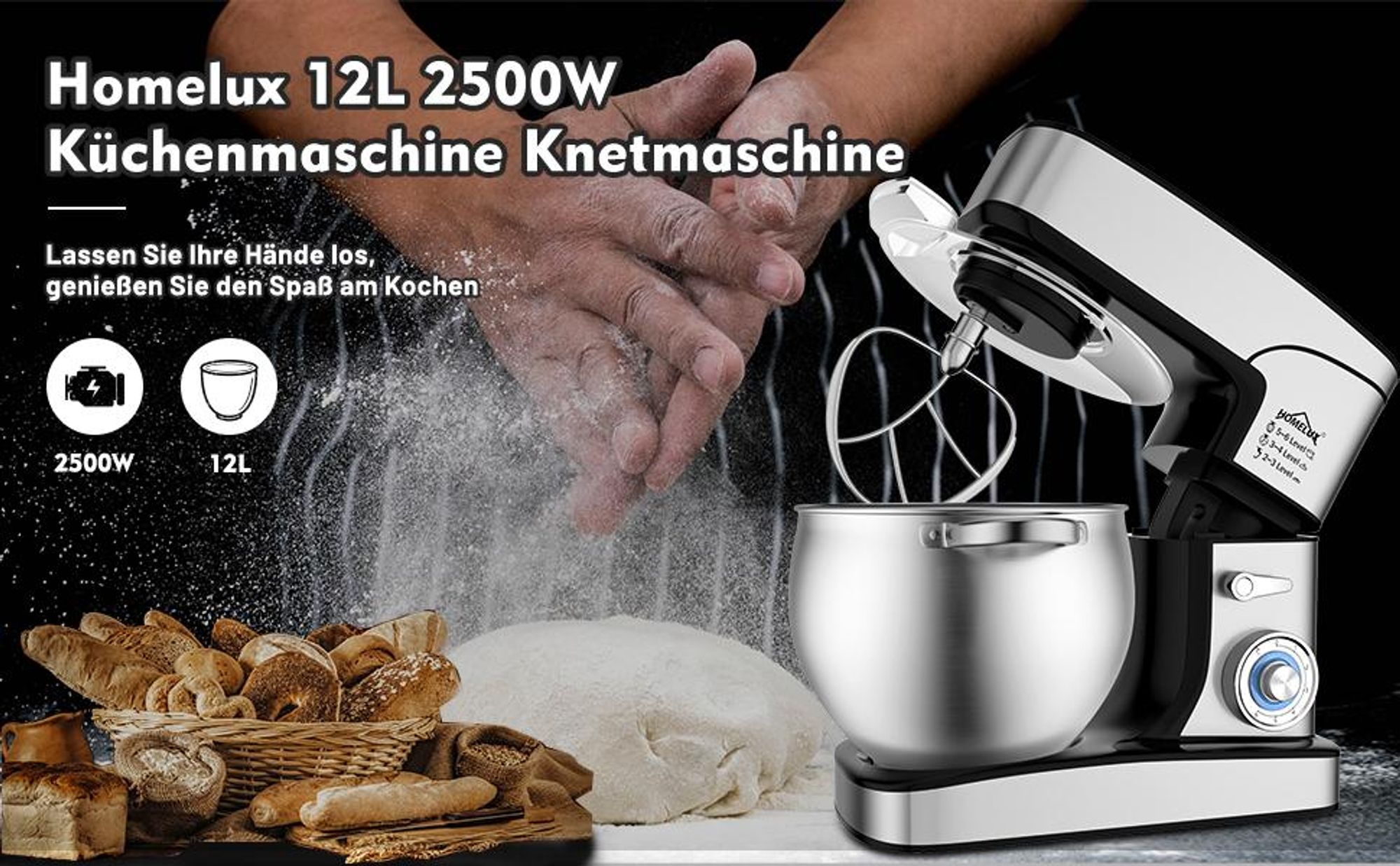 Küchenmaschine Homelux 2500W Knetmaschine,12 L Küchenmaschine,Teigmaschine, inkl 3-Teiligem Patisserie-Set und Spritzschutz, Edelstahlschüssel