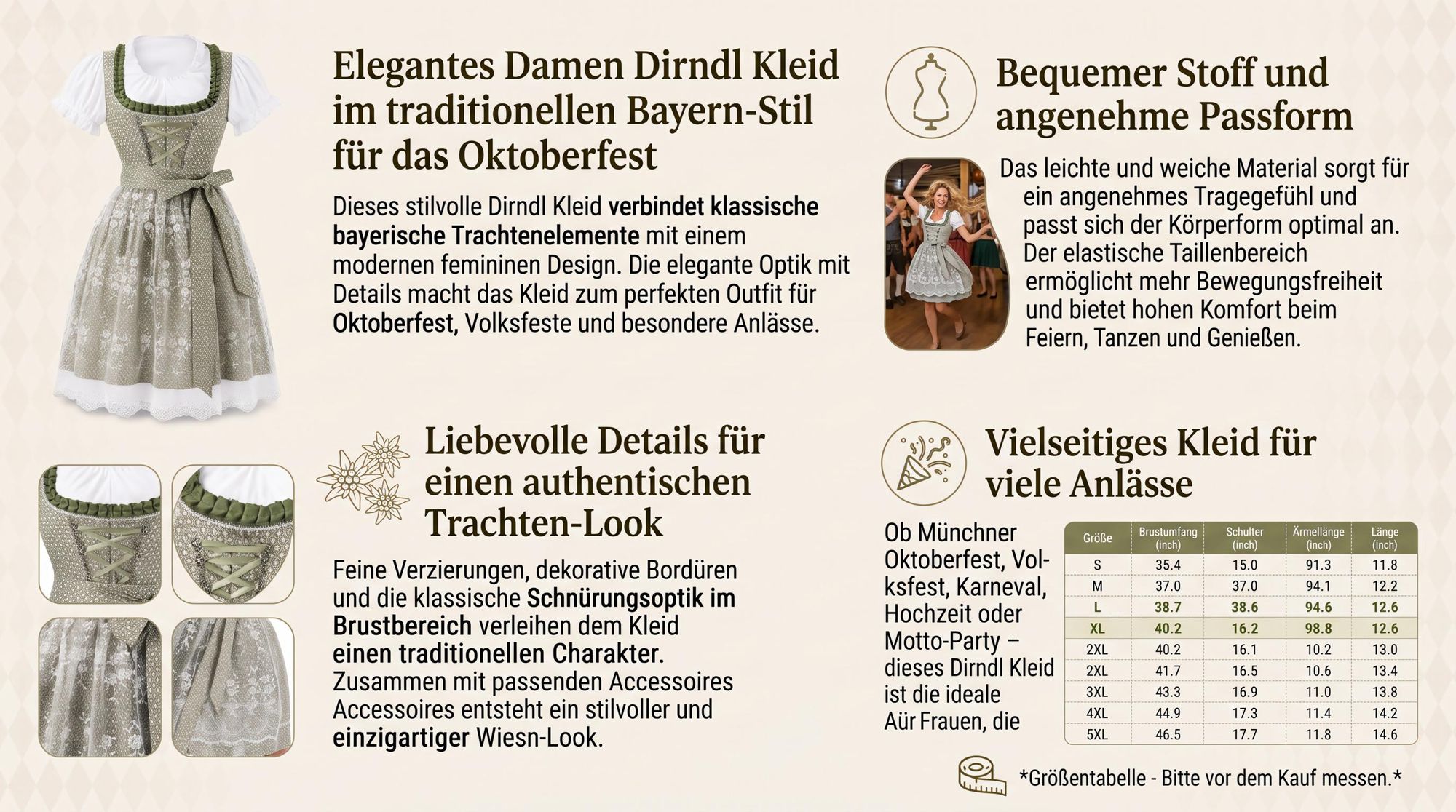 Dirndl Damen   Kleid, Midi Trachtenkleid mit Schürze, Traditionelles Bayern Kleid für Frauen, Elegantes Wiesn Outfit für Party und Fest-M