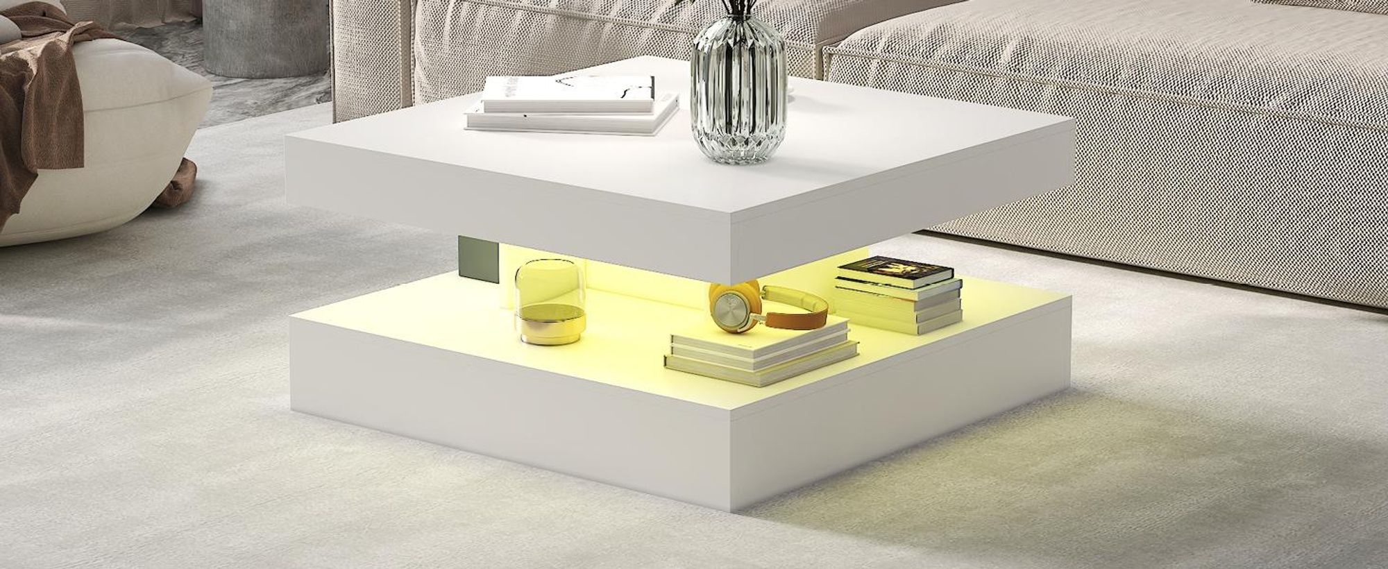 Radelldar Modern Couchtisch Wohnzimmertisch hautänhliche textur mit Beleuchtung, USB, 78 x 78 x 40cm, Weiß