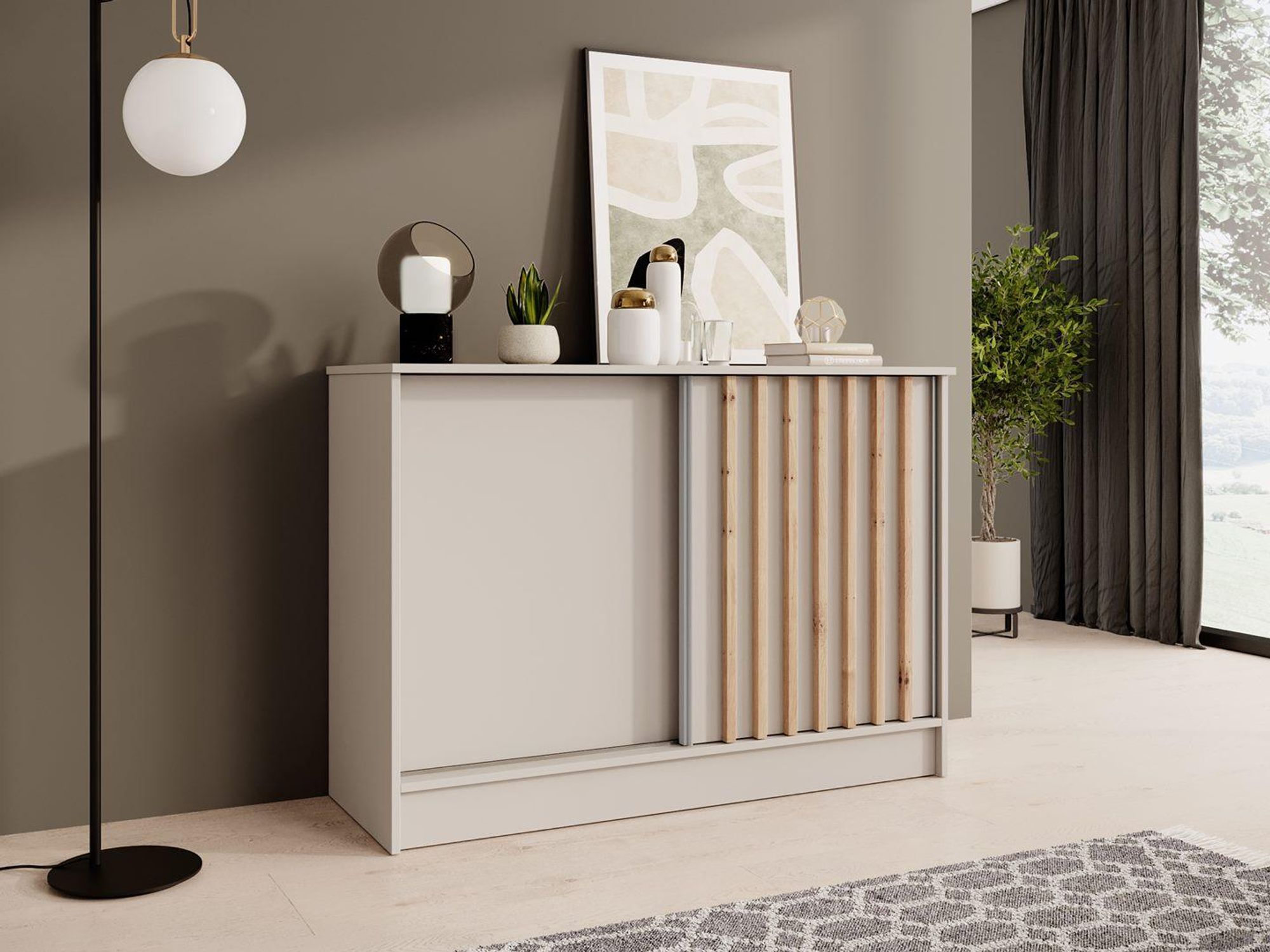 BEAUTYSOFA | Kommode HORIZON 120 cm Kaschmir, Artisan mit Lamellen Sideboard mit 2 Schiebetüren, Modernes Design, viel Stauraum