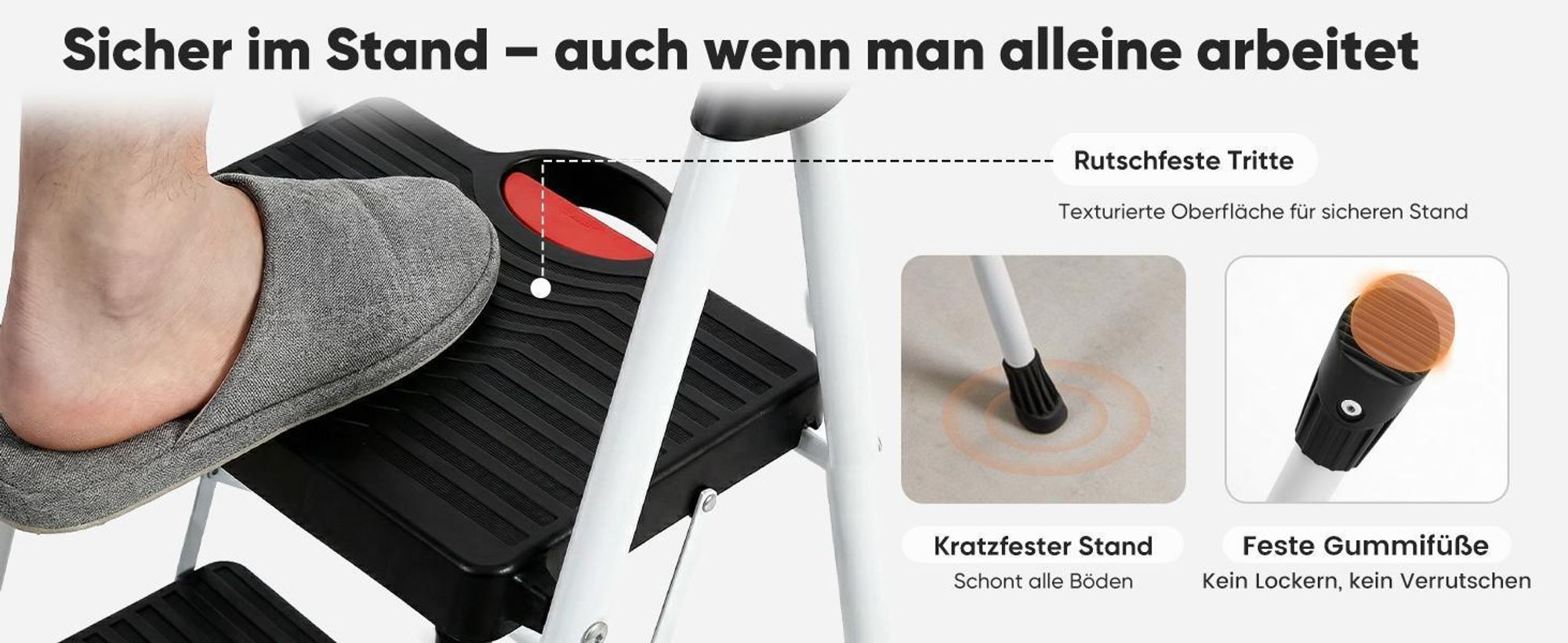 SEKEY Trittleiter Klappbar 3 Stufen – XXL 36 x 26 cm rutschfest, bis 150 kg, mit Klappsicherung