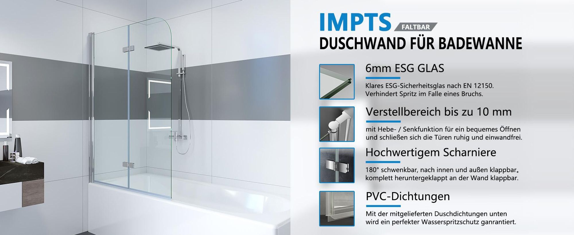 IMPTS Duschwand für Badewanne 100x140cm, Faltbar Duschwand 2-teilig Badewannenaufsatz Faltwand Duschtrennwand Duschabtrennung mit 6mm ESG-Glas
