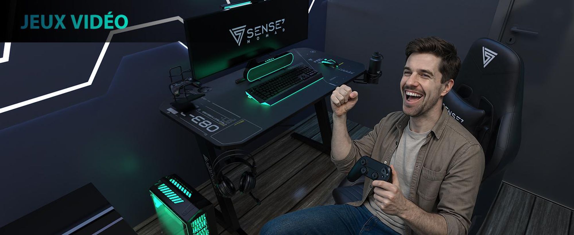 SENSE7 Nomad Table de jeu cybernétique Bureau 100 x 50 cm Tapis de souris XXL Table d'ordinateur Table PC Bureau de gamer Petit bureau Chambre d'ado Configuration PC