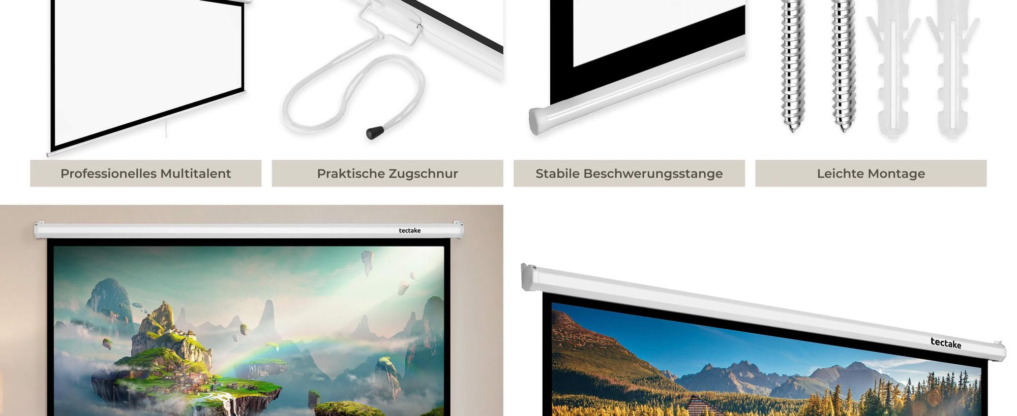 tectake Beamer-Leinwand 84 Zoll 16:9 4K HD Full HD Ultra HD Wand- Deckenmontage 201x128 cm Gain 1.0 Betrachtungswinkel 160°