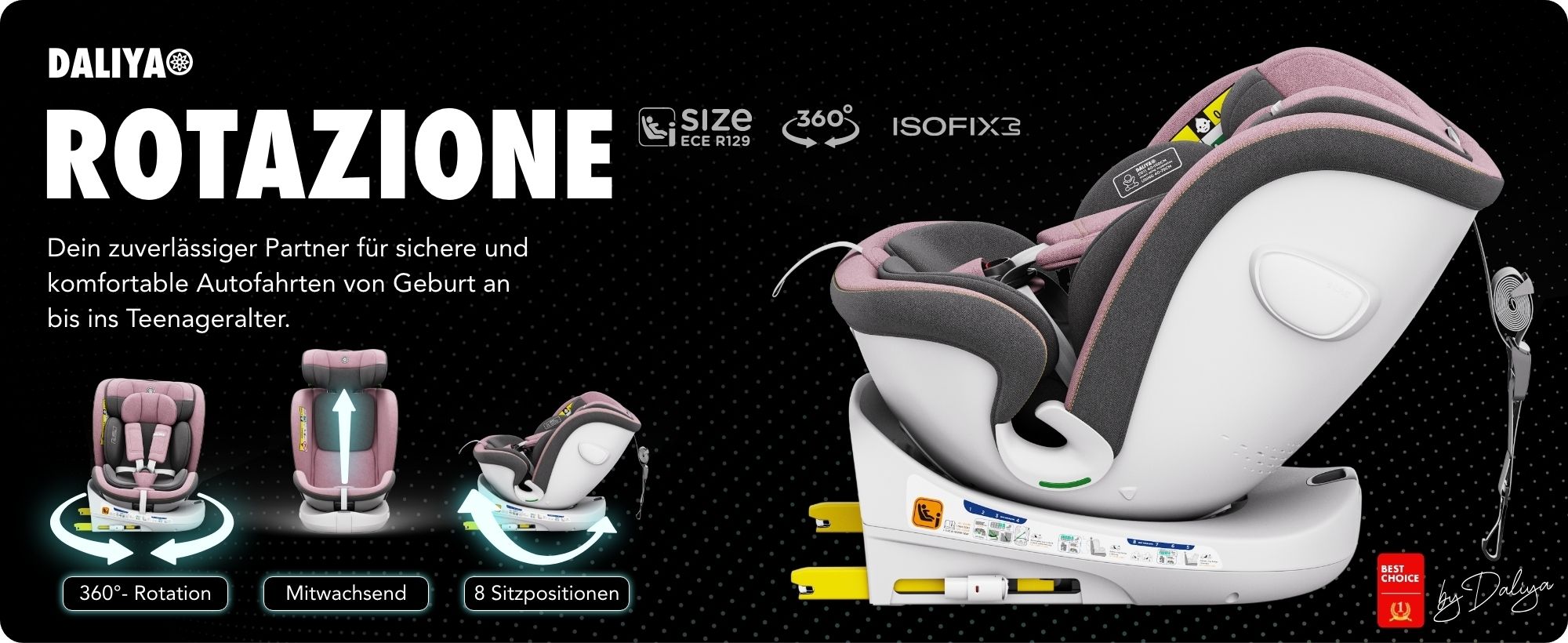 Daliya® ROTAZIONE i-Size 360° Kindersitz, ISOFIX & Top-Tether, ab Geburt 40–150 cm (Babyschale bis Kinderautositz), 5-Punkt-Gurt, mitwachsend, 0–36 kg