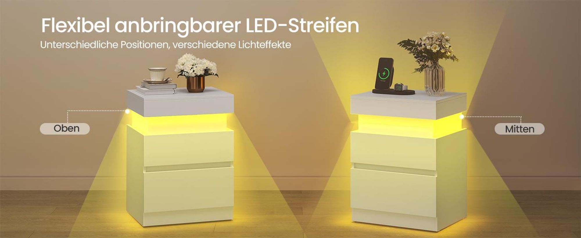 VASAGLE Beistelltisch mit Ladestation, 2er Set, Nachttisch mit Beleuchtung, Steckdosen, Geheimfach, Schubladen, modern, weiß