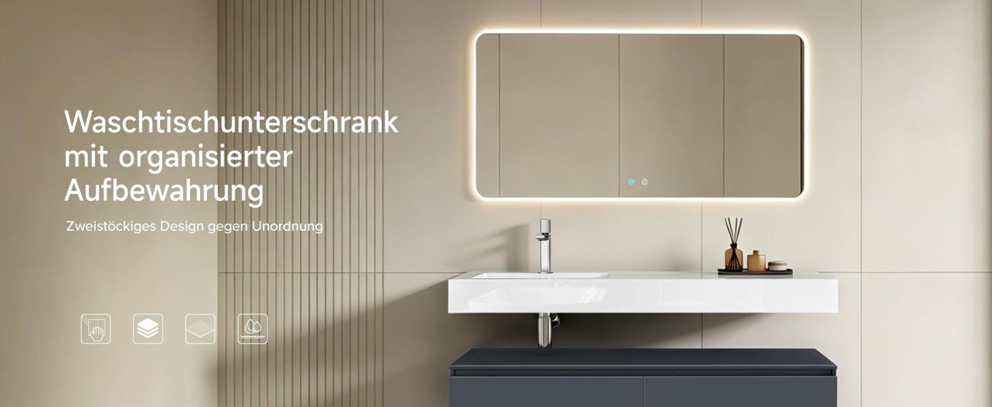 doporro Waschbecken-Unterschrank Badmöbel-Set in matt Anthrazit Design Waschplatz 150x48x25cm Badzimmerschrank inkl. Weiß mattMinralguss-Waschbecken UP