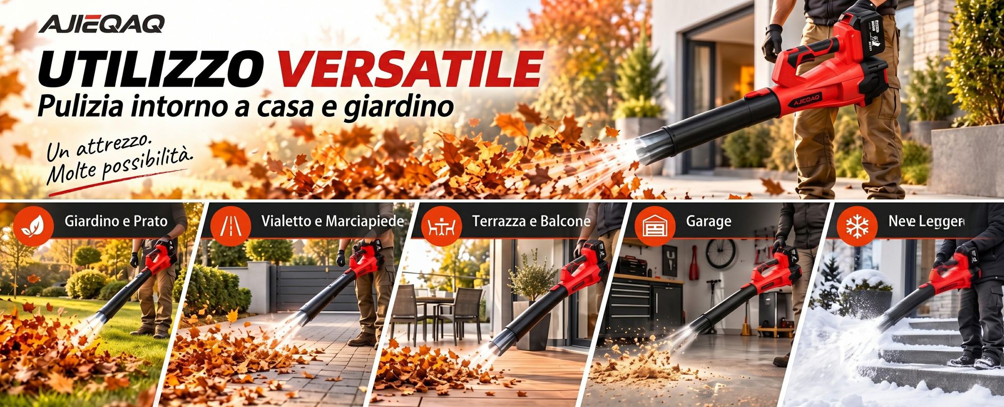 Soffiatore a Batteria 21V Brushless, 2×4,0Ah Batterie, 320 km/h, 6 Velocità con Turbo, 1000W, Soffiatore Senza Fili con 2 Tubi