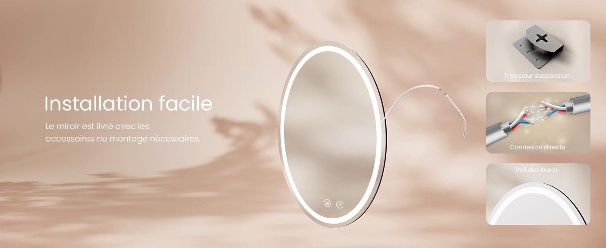 EMKE Miroir de salle de bain 50x70 cm Miroir de salle de bain avec 3 couleurs de lumière, miroir de salle de bain avec antibuée + dimmable + interrupteur tactile Miroir LED ovale