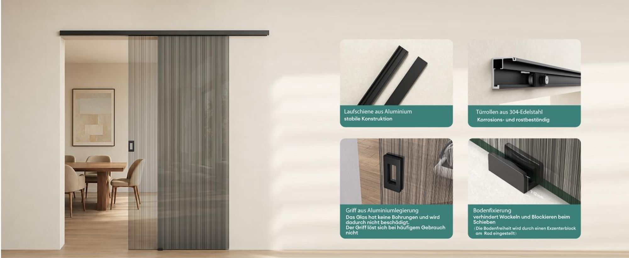 Mai & Mai Glasschiebetür komplettset softclose Zimmertür Matt Schwarz, BxH: 90x205cm 8mm ESG-Sicherheitsglas, Schiebetür Glas gebürstet Muranino-001