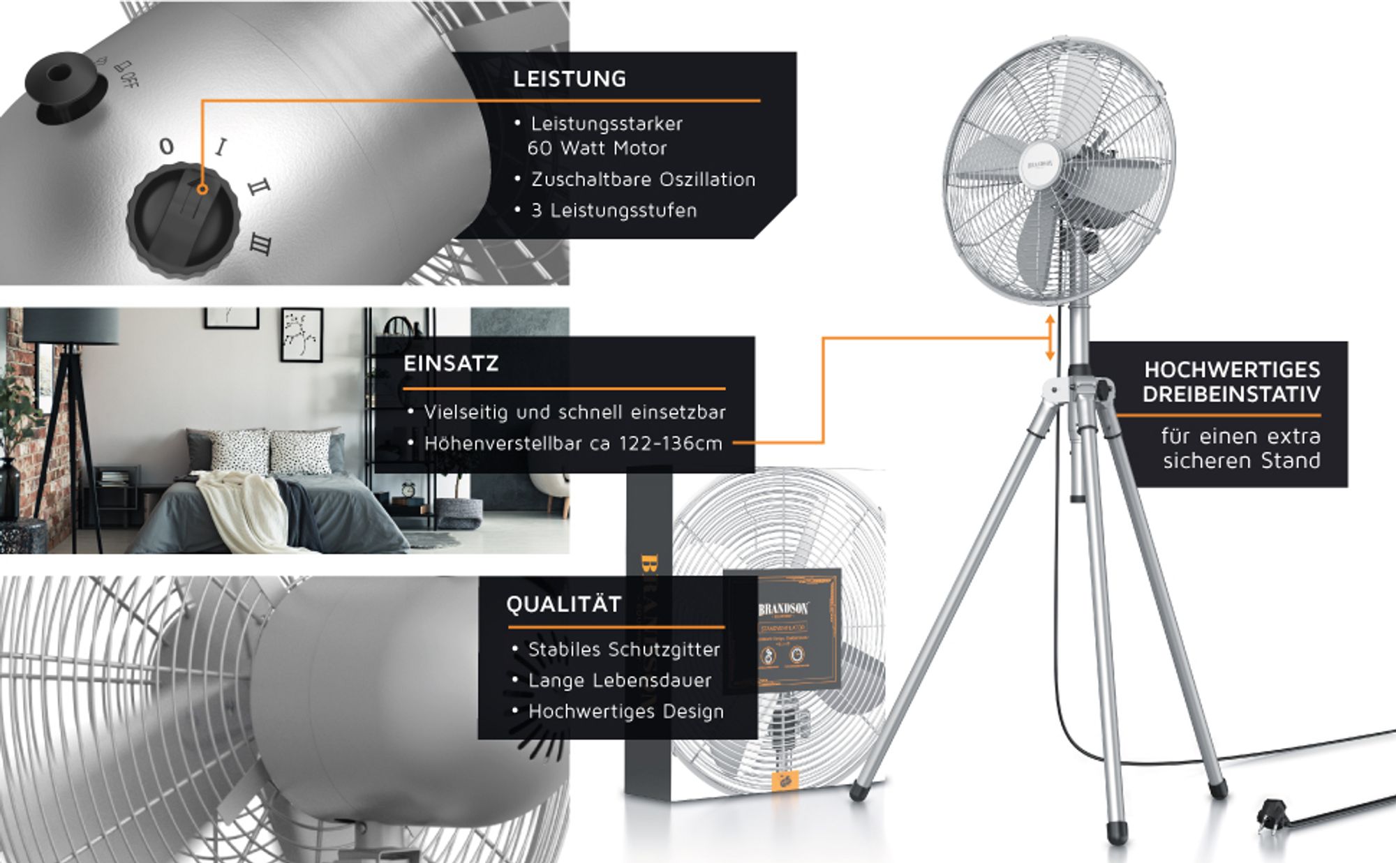 Silberner Standventilator mit Dreibeinstativ, höhenverstellbar und verpackt in modernem Raum