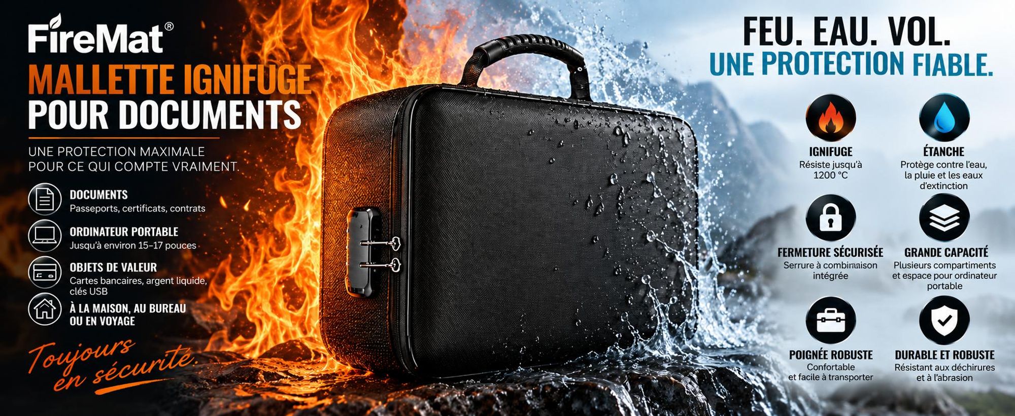 Mallette ignifuge FireMat pour documents, ordinateur portable et objets de valeur.