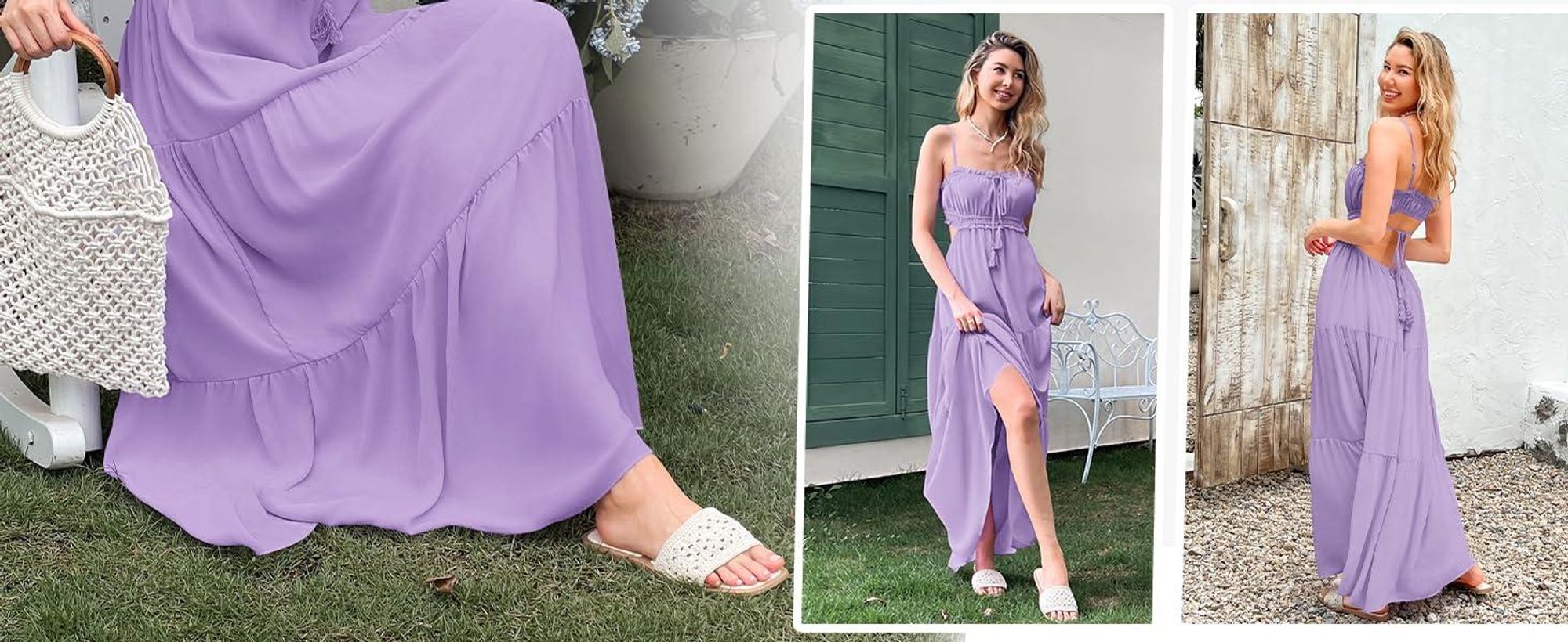 Damenkleid, langes, rückenfreies Kleid im Bohème-Stil mit Spaghettiträgern.