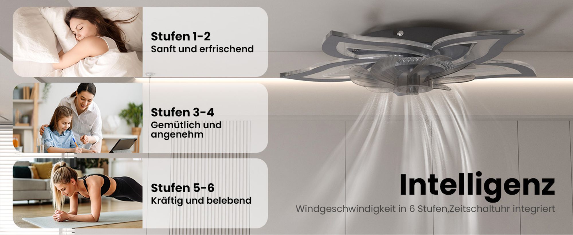 Heilmetz Deckenventilator mit Beleuchtung Ø 69 cm Dimmbar 6 Geschwindigkeiten Blüten-Design Leiser LED Lüfter mit Fernbedienung Schwarz