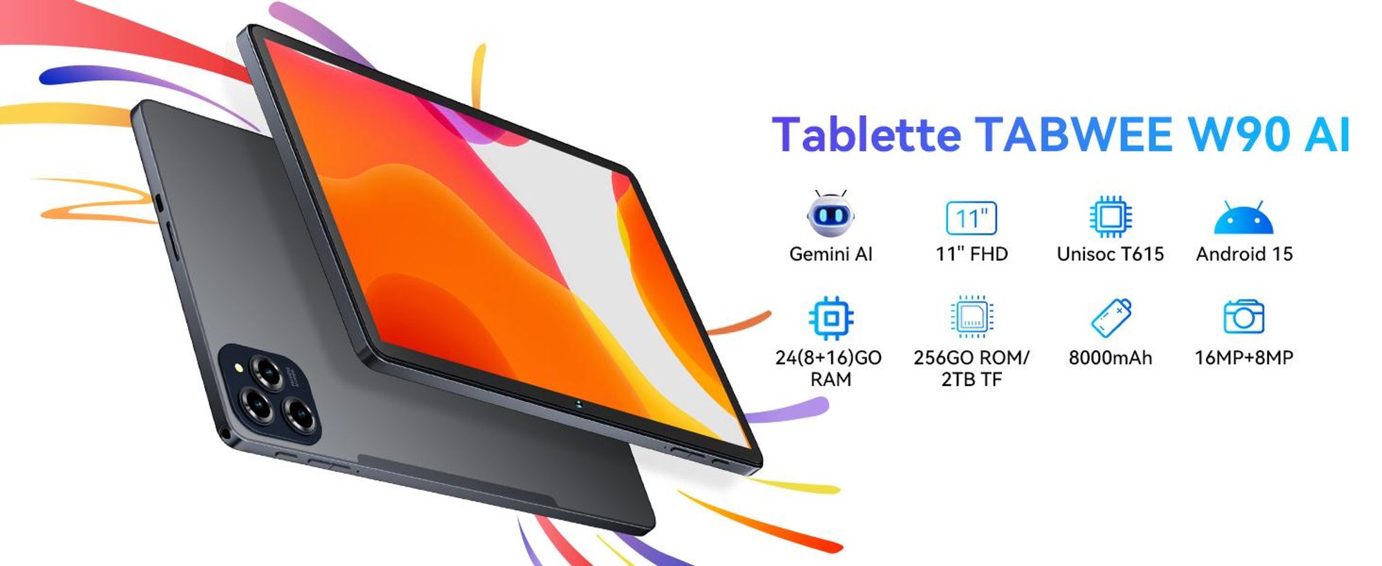 TABWEE W90 Tablet 11 pouces Android 15 ,24GB RAM Espace de stockage 256GB(2TB TF),Grand écran Widevide L1,Octa-core T615, 8000mAh,5G WiFi,4G LET,18W