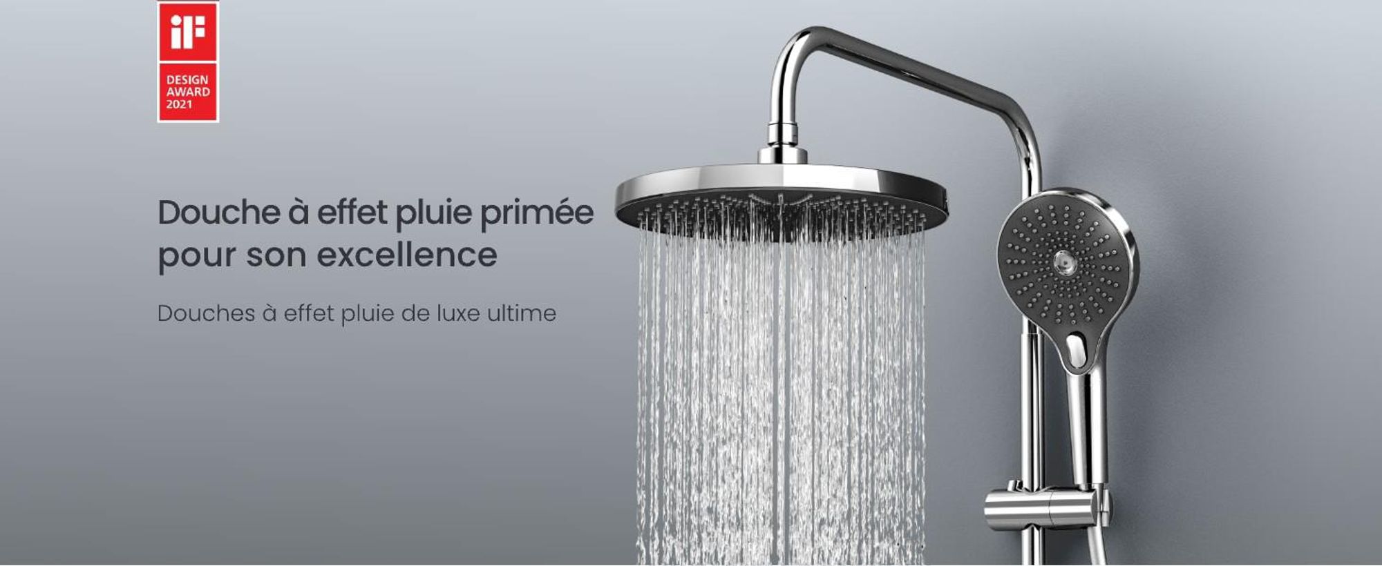 EMKE® Système de douche avec thermostat chrome avec éclairage d'ambiance LED bleu, affichage digital, douche à effet pluie 250mm, bec de baignoire & tablette en verre F25