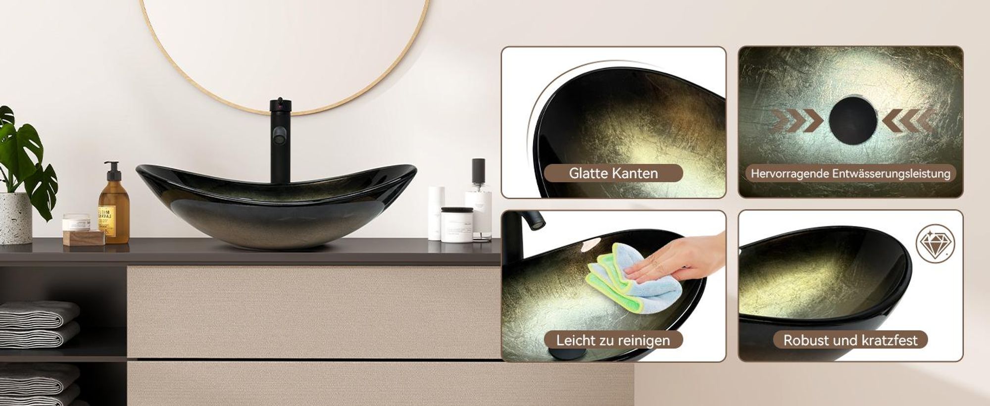 uluomis Waschbecken Glas Aufsatzwaschbecken Waschschale Oval mit Wasserhahn Ablaufgarnitur Schwarz hellgold