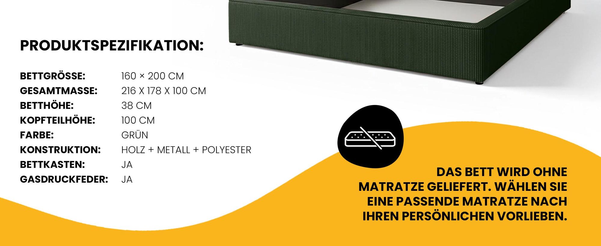 Polsterbett 160x200 - Grün - Hochwertiger Cord-Stoff - Modernes Doppelbett mit Bettkasten & Lattenrost - Stauraumbett mit Kopfteil für Schlafzimmer