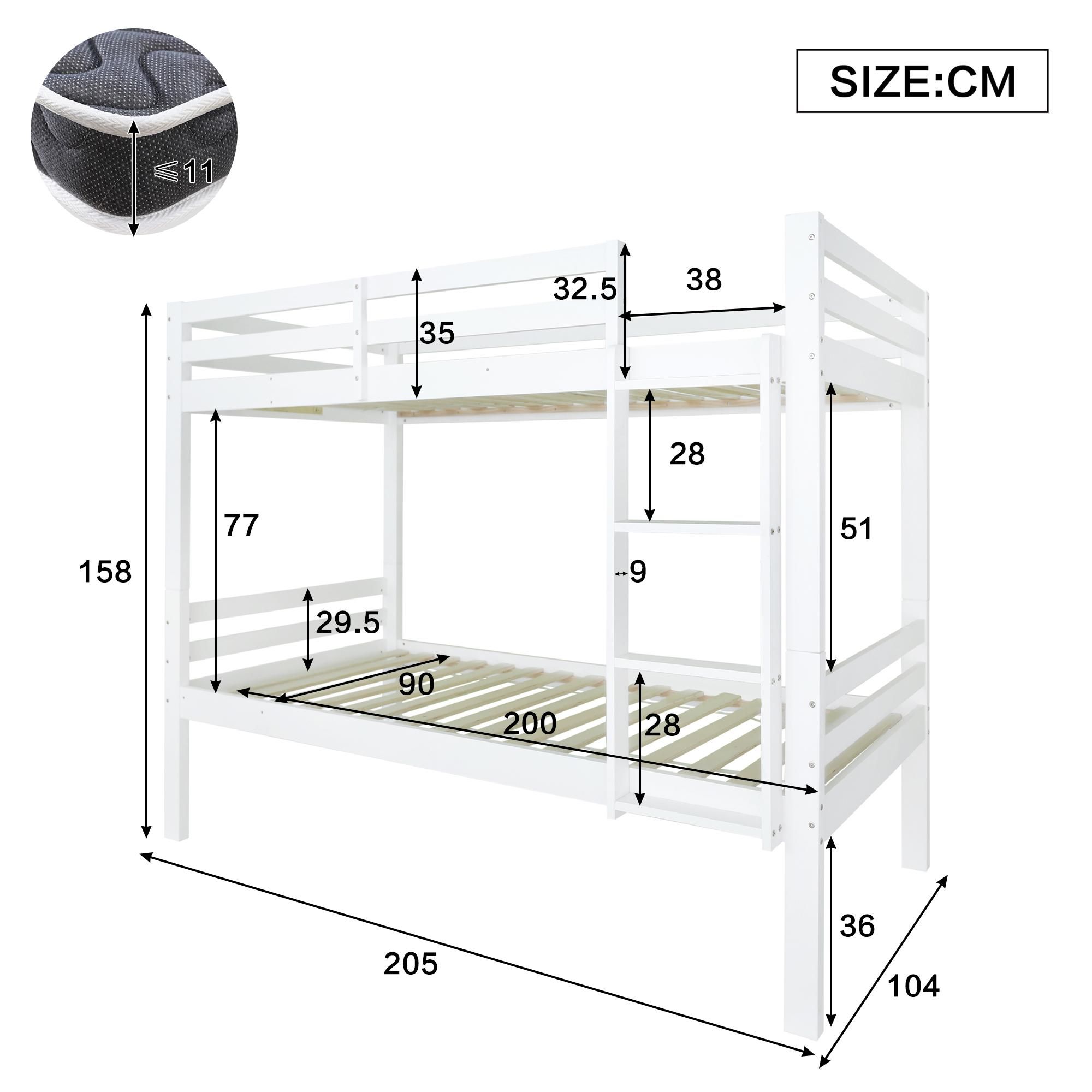Flieks Etagenbett 90x200cm mit Lattenrost, Hochbett mit Rausfallschutz und Leiter, Kinderbett Massivholzbett Einzelbett, Weiß