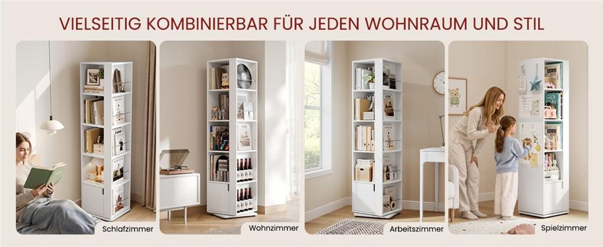 Yaheetech 360° drehbares Bücherregal, mit 5 Ebenen und 20 Fächern, Standregal 42×42×169 cm, Drehregal Dekoregal mit verstellbaren Einlegeböden, Weiß