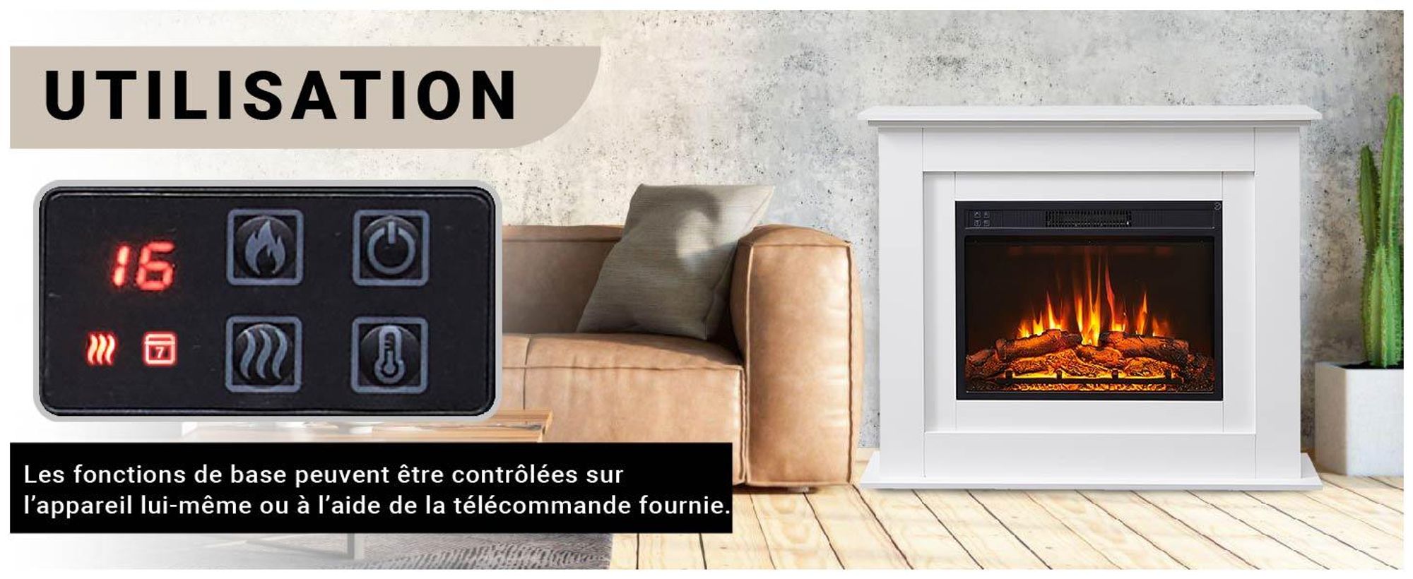 Cheminée électrique sur pied BALDERIA Finn – Puissance de chauffage jusqu'à 2 000 W, blanche