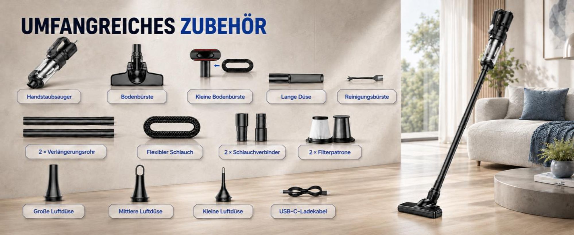 Akku-Staubsauger, 8000Pa Saugkraft,Stielstaubsauger, 6-In-1 Kabelloser Staubsauger, LED Handstaubsauger, Tragbarer Staubsauger,Für Harte Böden Teppich