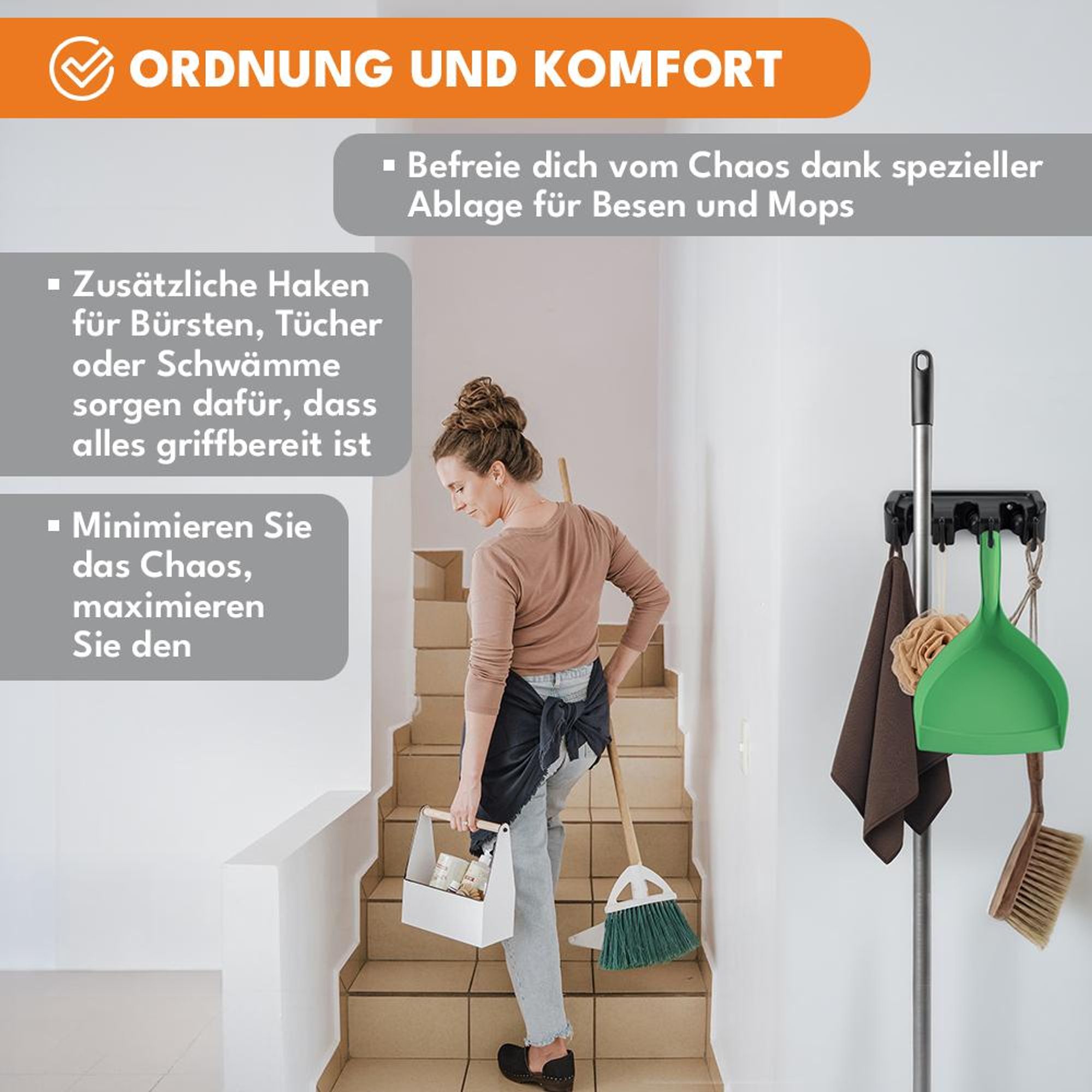 KRUMAD Besenhalterung Wand, 3 Regale und 4 Haken für Gartengeräte, Kompakter Werkzeughalter, Robustes PP+TPE Material, Ideal für Garage und Abstellrau