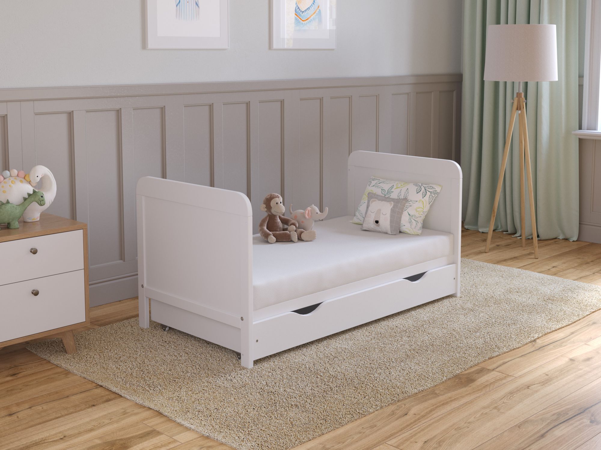 Babybett Beistellbett 120x60 cm mit Schublade & Matratze - Kinderbett Gitterbett Baby Bett Holz Weiß,Umwandelbar in Juniorbett