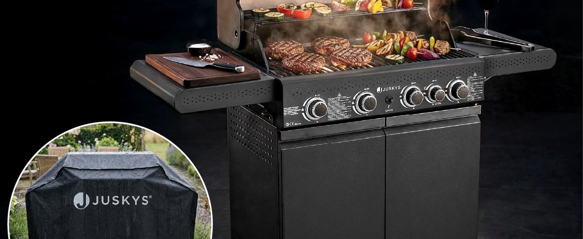Juskys BBQ Gasgrill Savannah - 4 Brenner & 1 Seitenbrenner - Stahl Grill mit Gusseisen Rost