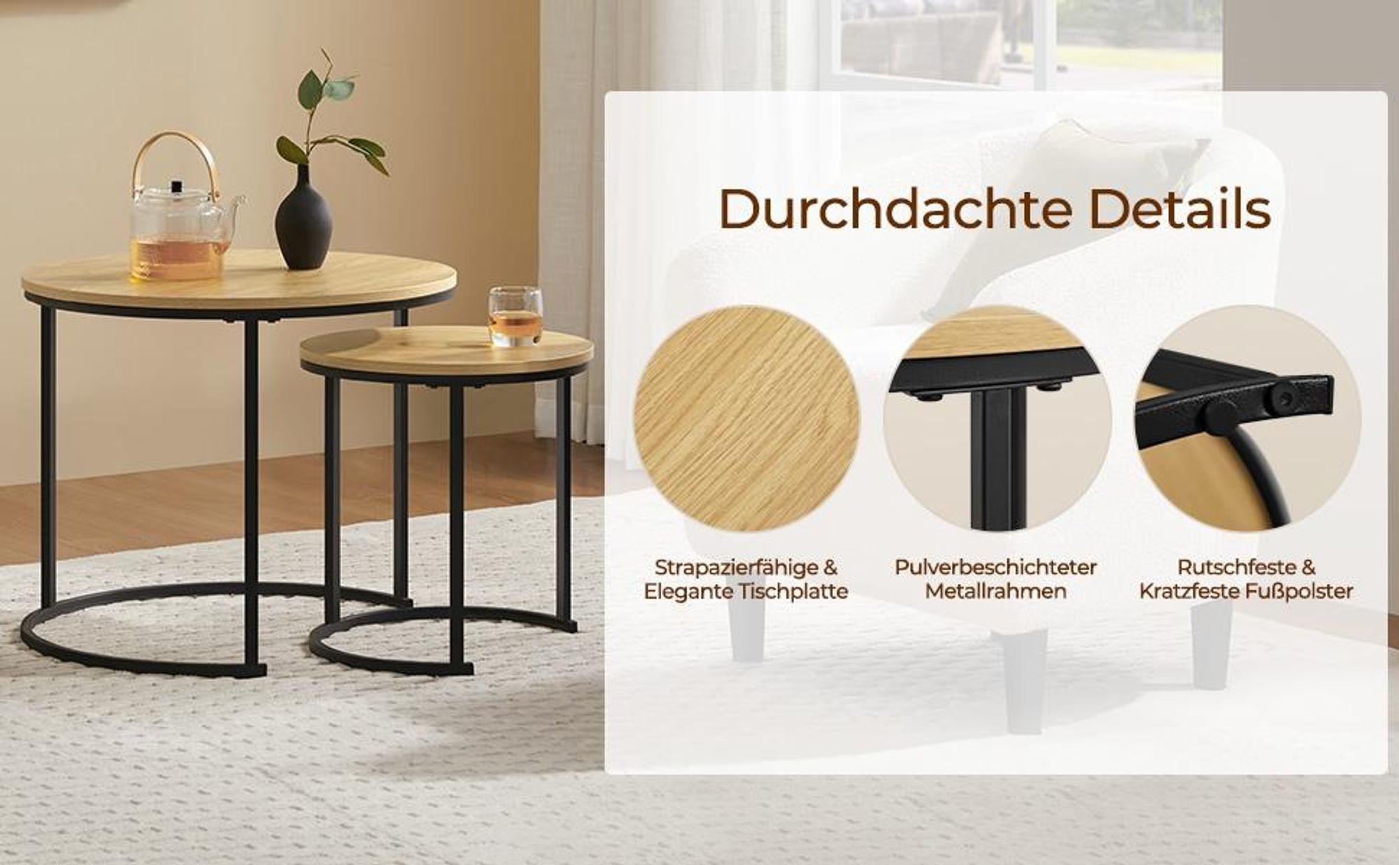 Yaheetech Couchtisch 2er Set, runder Beistelltisch Set, Sofatisch mit Metallgestell, Satztische für Wohnzimmer Schlafzimmer, Eiche