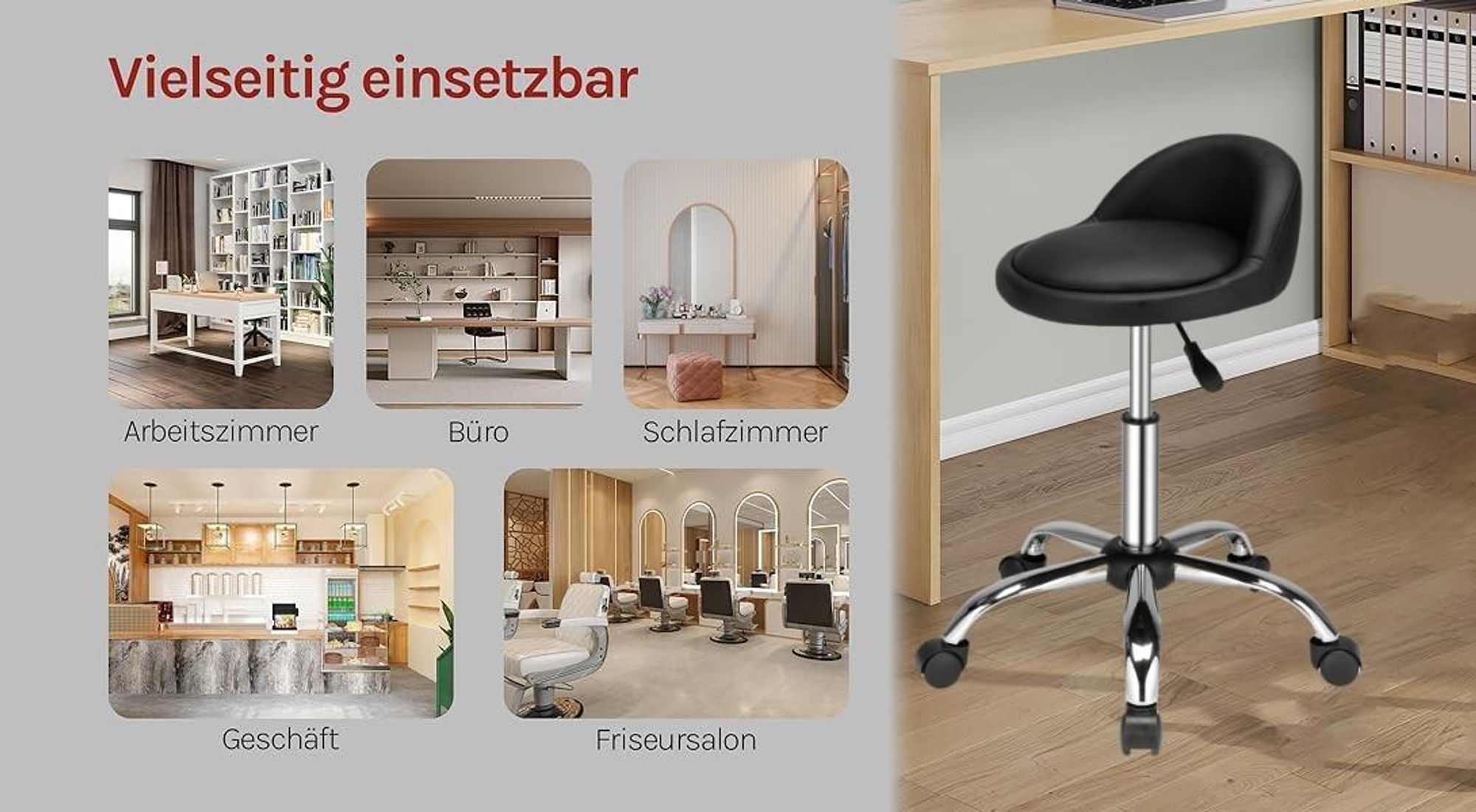 FCH Rollhocker Drehhocker Arbeitshocker Praxishocker Drehstuhl Bürohocker mit Rollen Rollhocker mit Lehne Arbeitshocker höhenverstellbar Schwarz