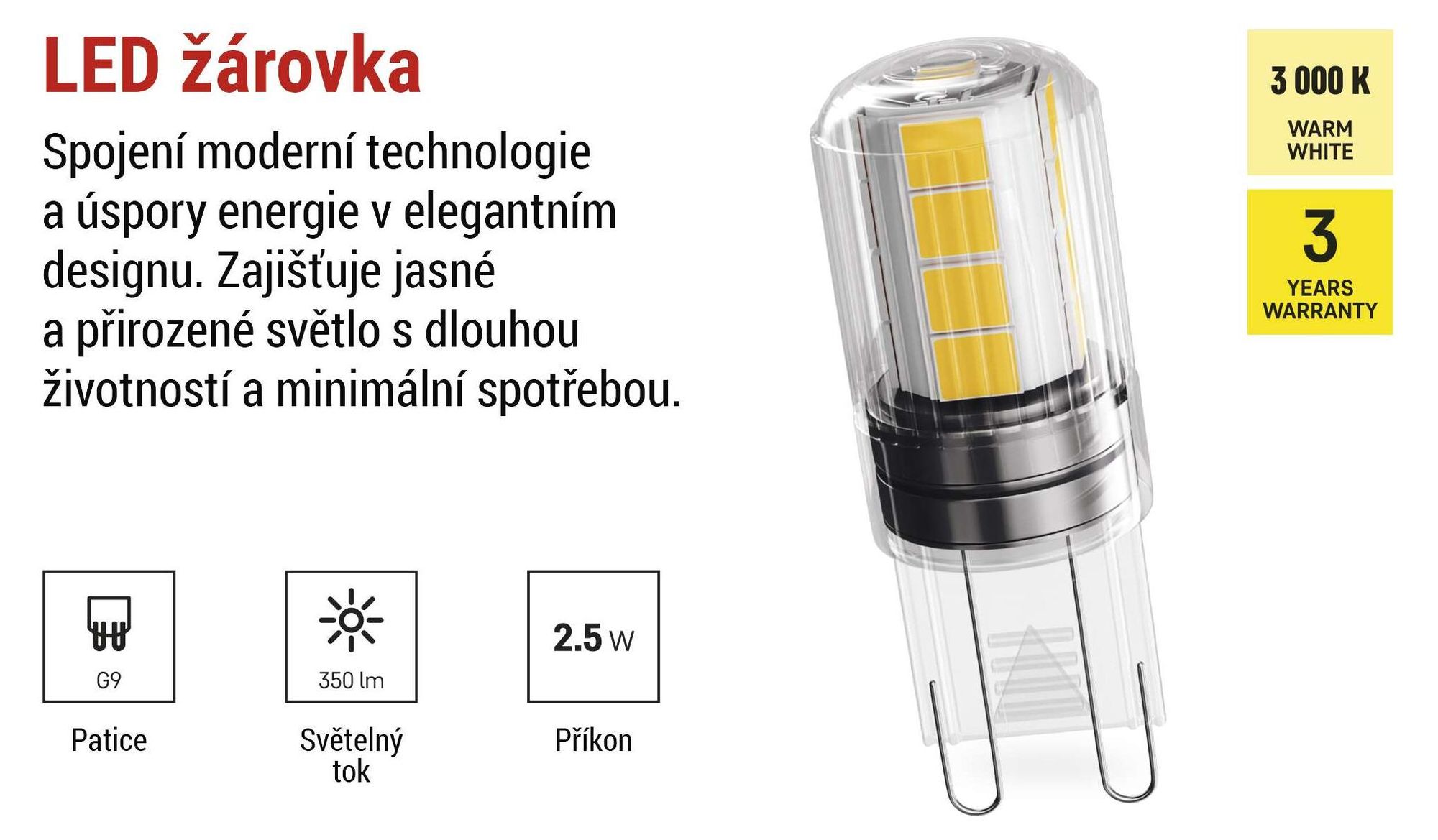 EMOS G9 LED žárovka CLASSIC 2,5 W nahrazuje 32W halogenovou žárovku, patice G9 JC s jasem 350 lm, teplá bílá 3000 K, dlouhá životnost, ZQ9D12