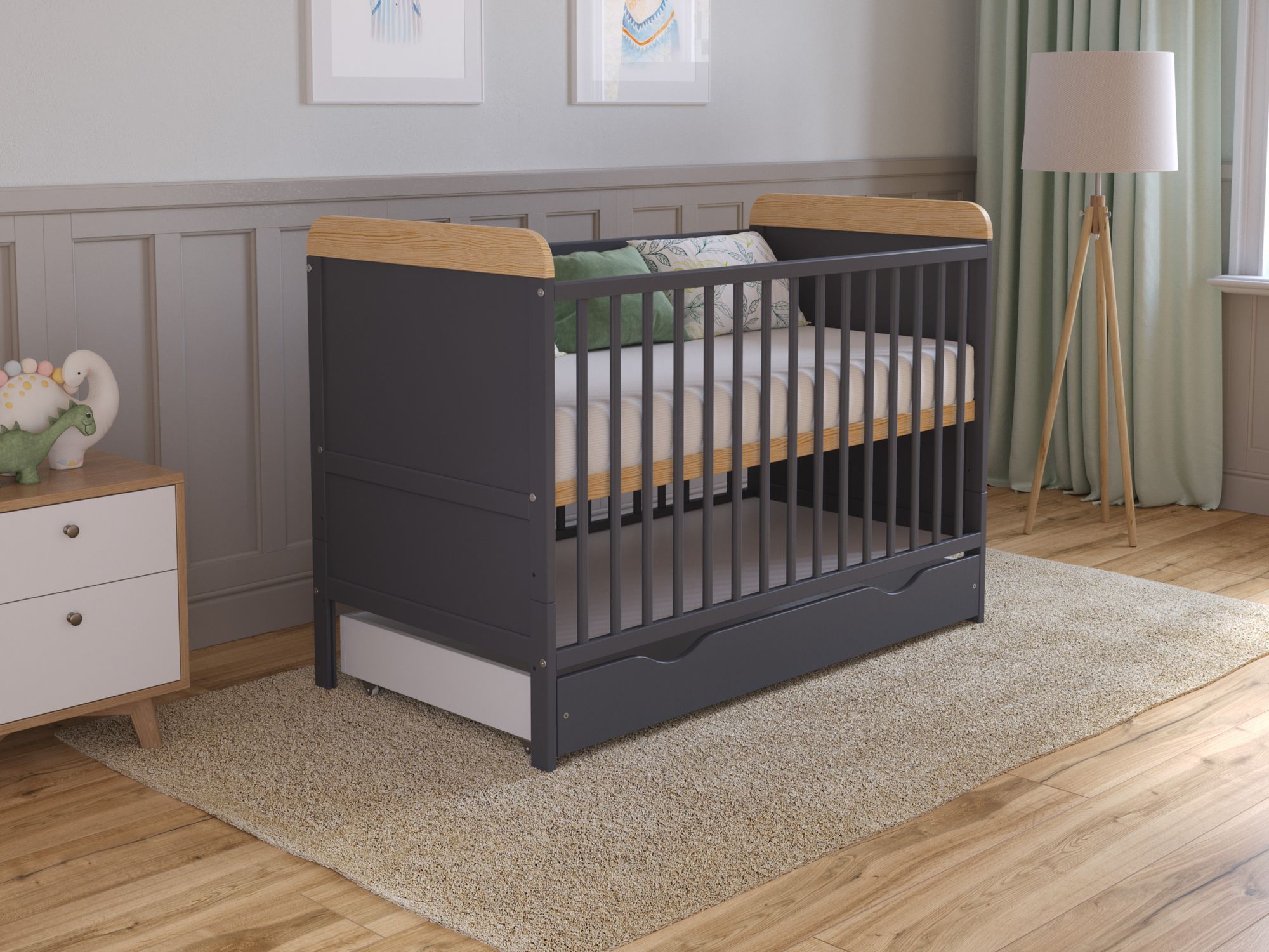 Babybett Beistellbett 120x60 cm mit Schublade & Matratze - Kinderbett Gitterbett Baby Bett Holz Anthrazit-Kiefer,Umwandelbar in Juniorbett