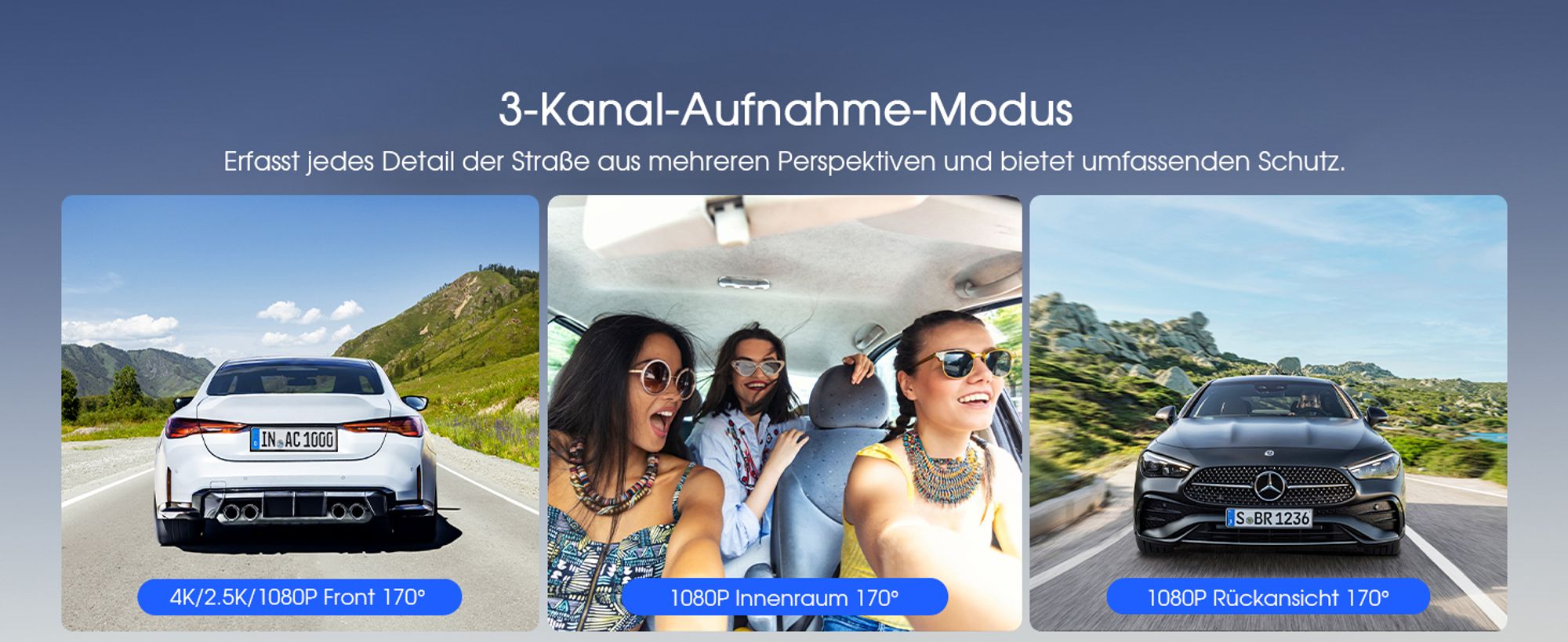 5K 3-Kanal-Dashcam Auto Wi-Fi,GPS,3lens 4K+1080P+1080P Vorne Hinten Innen Autokamera