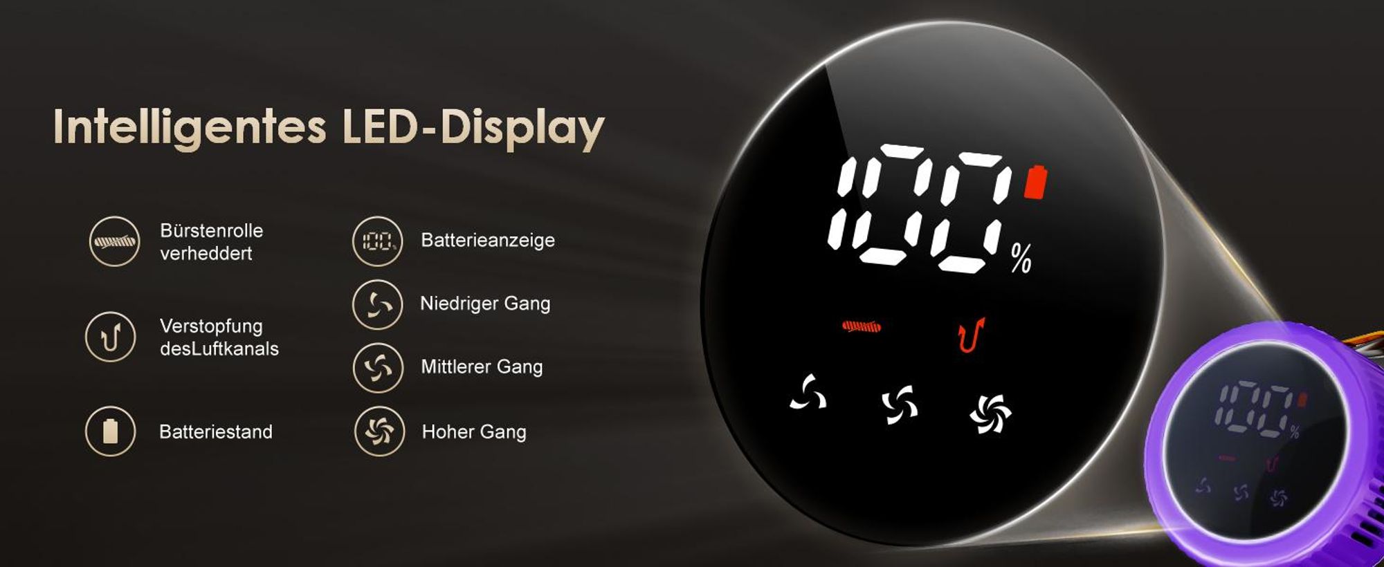 Aiibot Akku Staubsauger, 85000Pa/80Mins/750W Staubsauger Kabellos mit Smart Display , 50dB Ultraleiser Staubsauger mit Anti-Tangle-Bürste, 3 Saugmodi