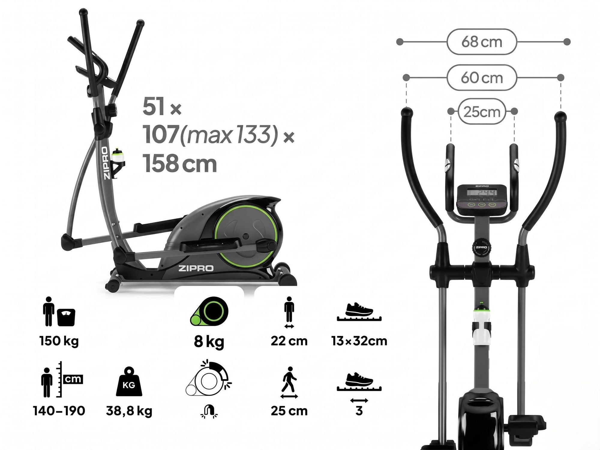 ZIPRO Crosstrainer Hulk Magnetischer Ellipsentrainer Heimtrainer für Zuhause bis 150kg Belastbar Fitnessgerät Leise 8 Stufen Pulssensor Tablet-Halter