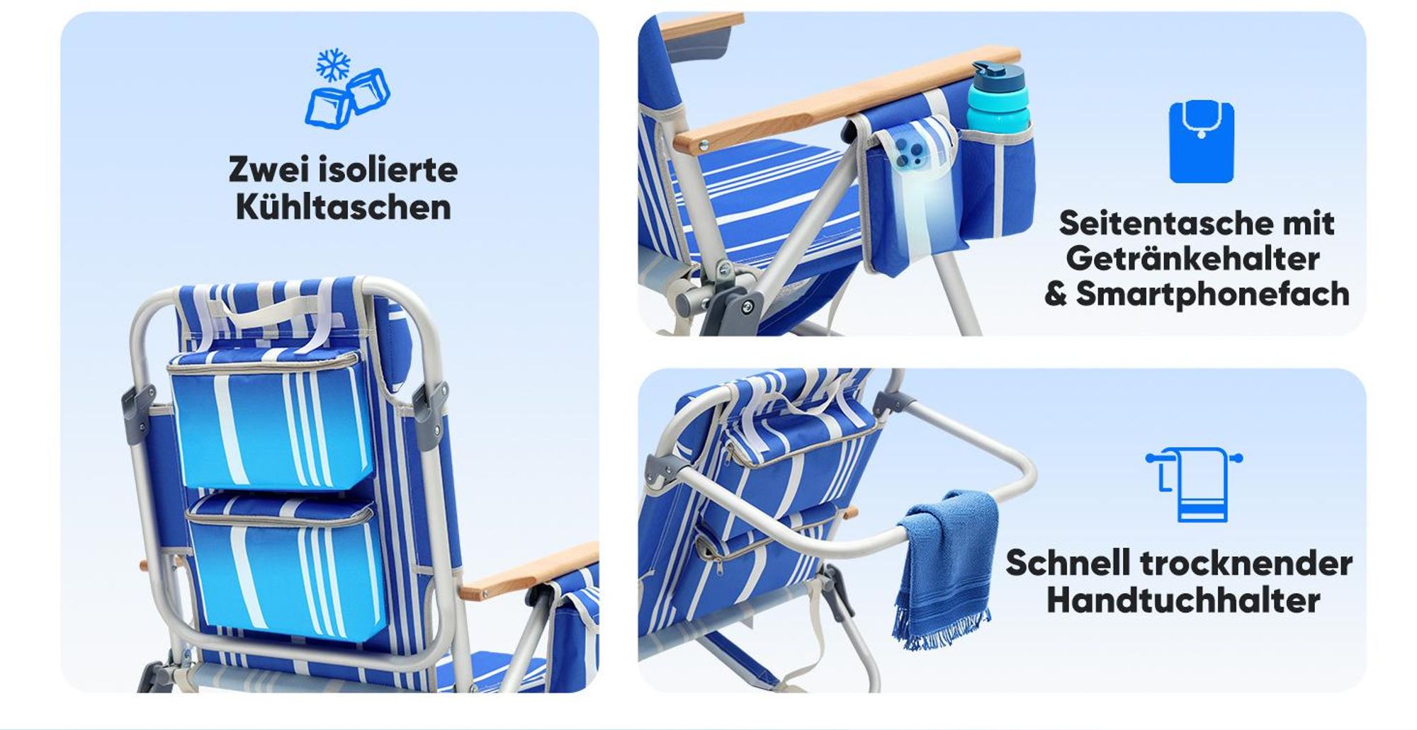 Sekey Strandstuhl Sonnenliege verstellbar Campingstuhl tragbarer Klappstuhl Strandstuhl mit 2 Kühltaschen, Blau