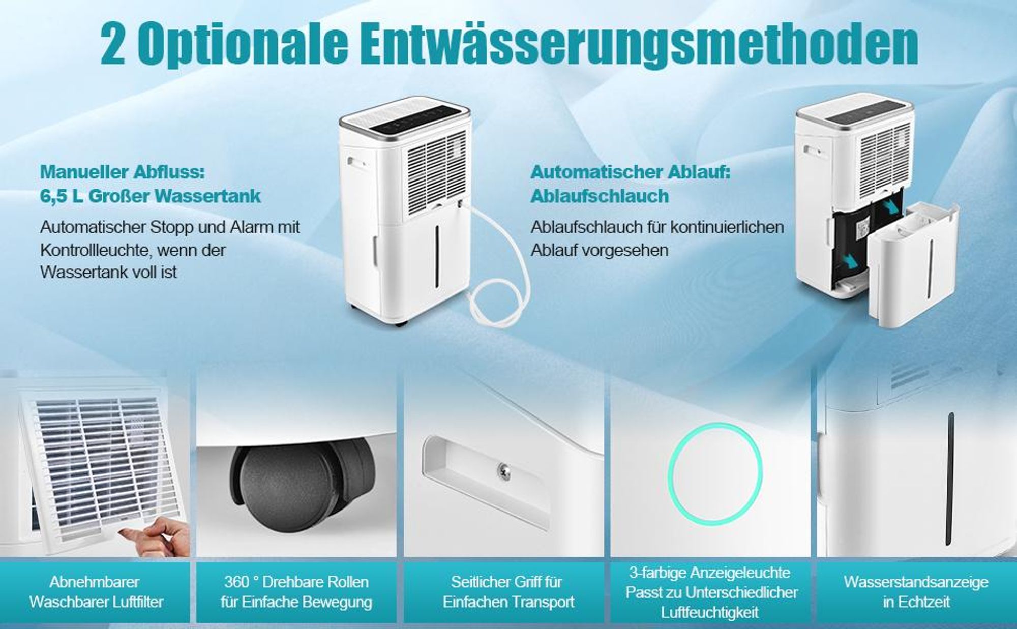 COSTWAY 3in1 Luftentfeuchter 25L/Tag bis 30㎡, Entfeuchter inkl. 6,5L Wassertank, automatisch Entleerung, 24H Timer, Überlaufschutz, 42dB, Dehumidifier