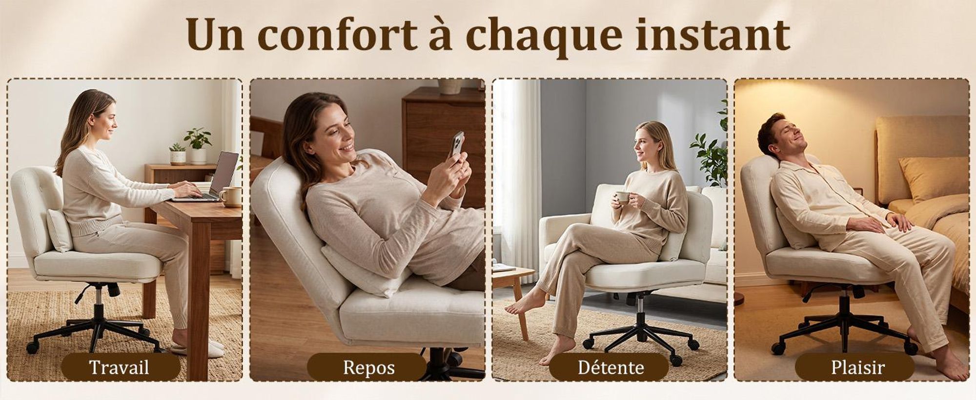 Chaise, pivotante, dossier réglable Chaise de Bureau Ergonomique Sans Roulettes, Pivotante avec Assise Large, Réglable en Hauteur, Coussin, Beige