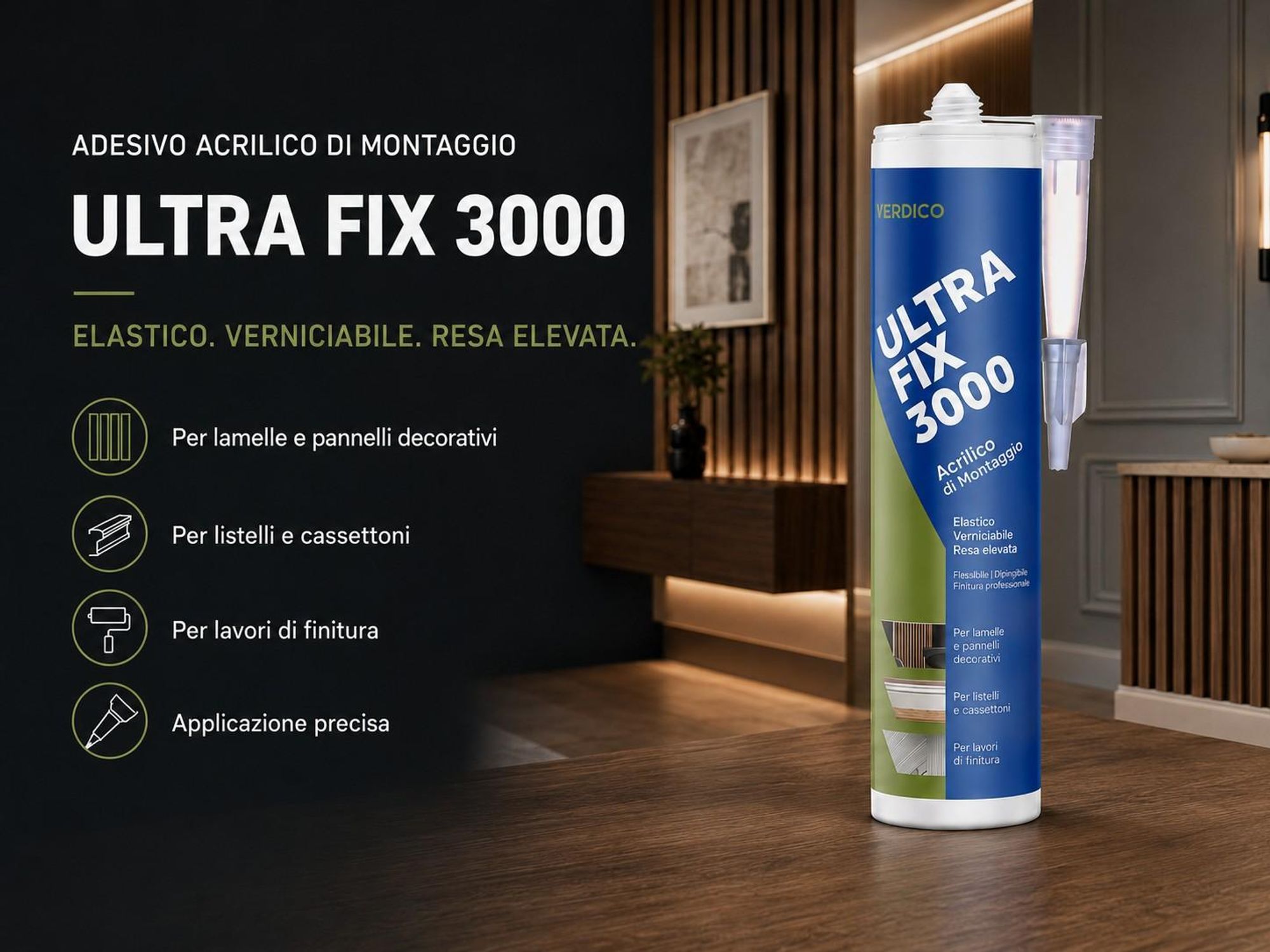 Installazione con la colla Fix 3000 in 3 fasi: preparazione, applicazione della colla, pressatura.